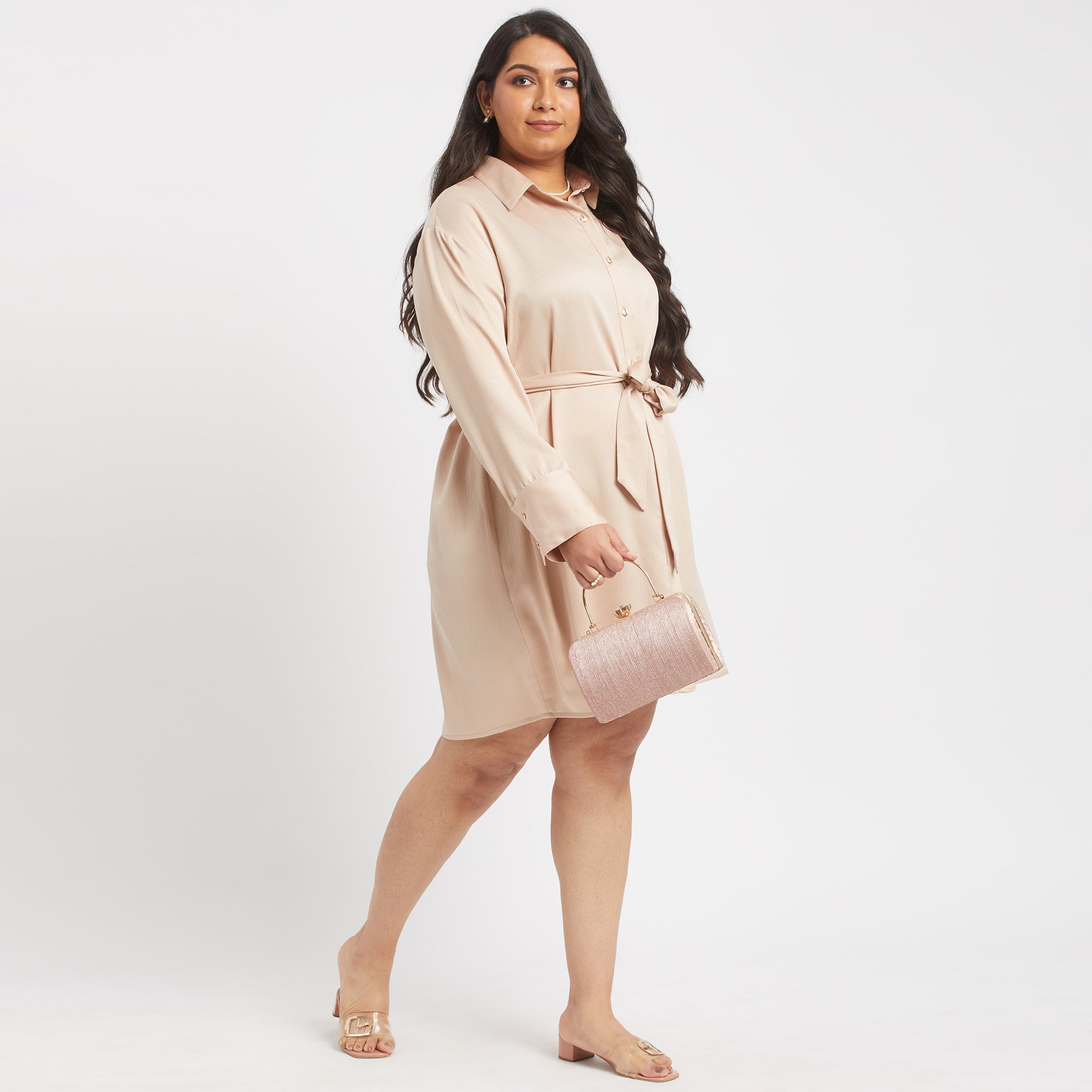 Beige satin plus size shirt dress