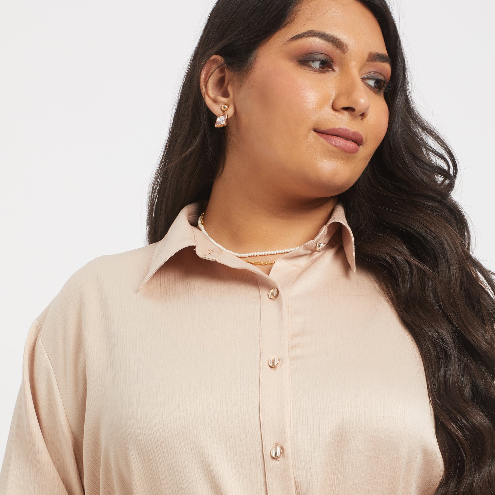 Beige satin plus size shirt dress