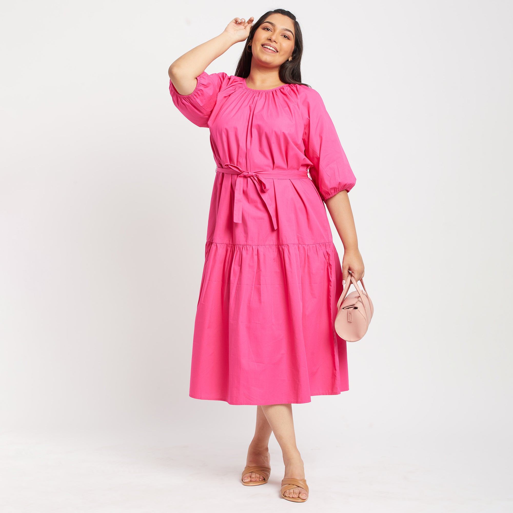 Pink Poplin Plus Size Midi Dress