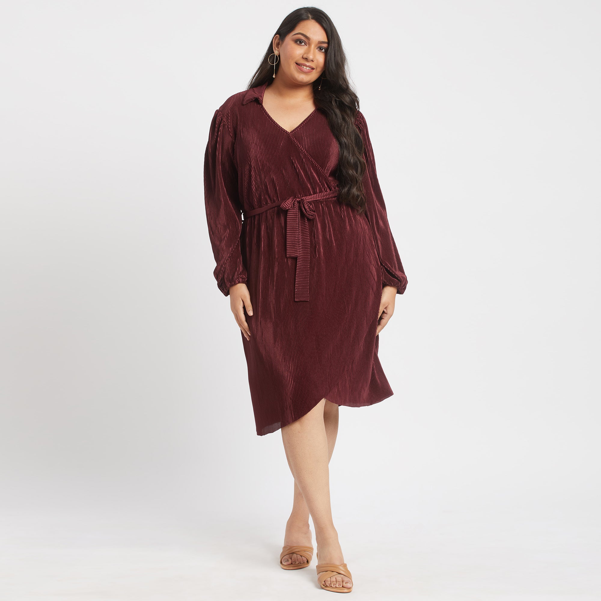 Maroon pleated plus size wrap dress