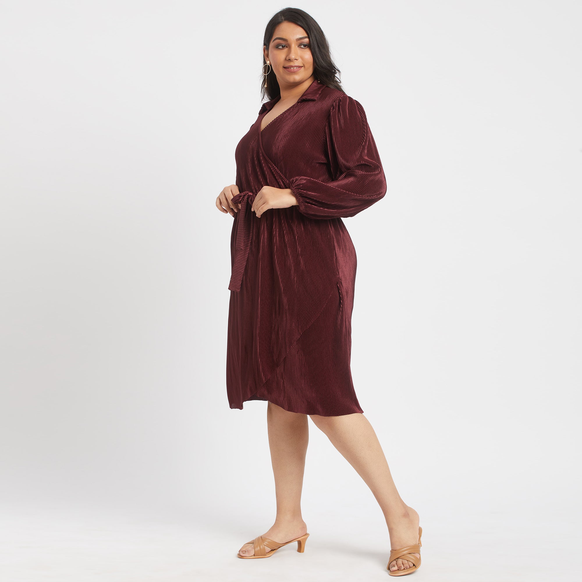 Maroon pleated plus size wrap dress