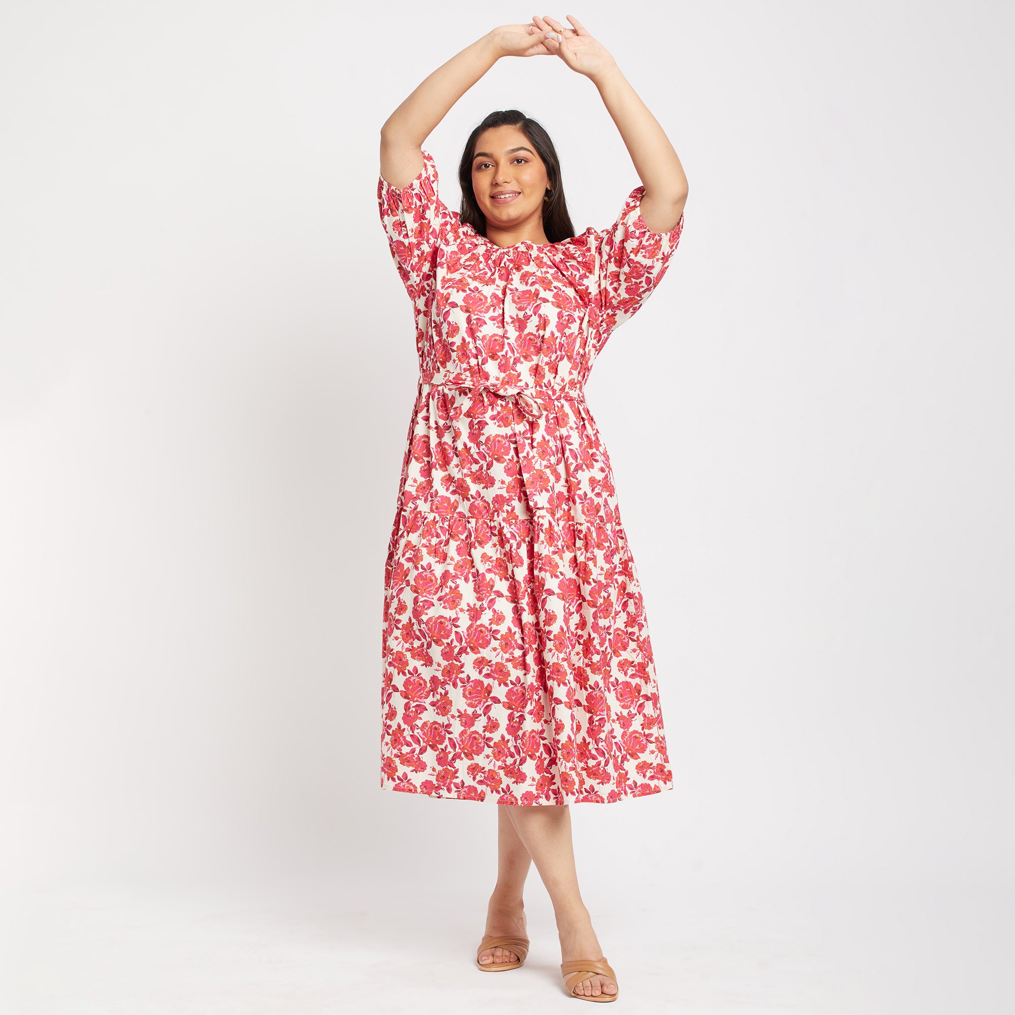 Pink Floral Poplin Plus Size Dress