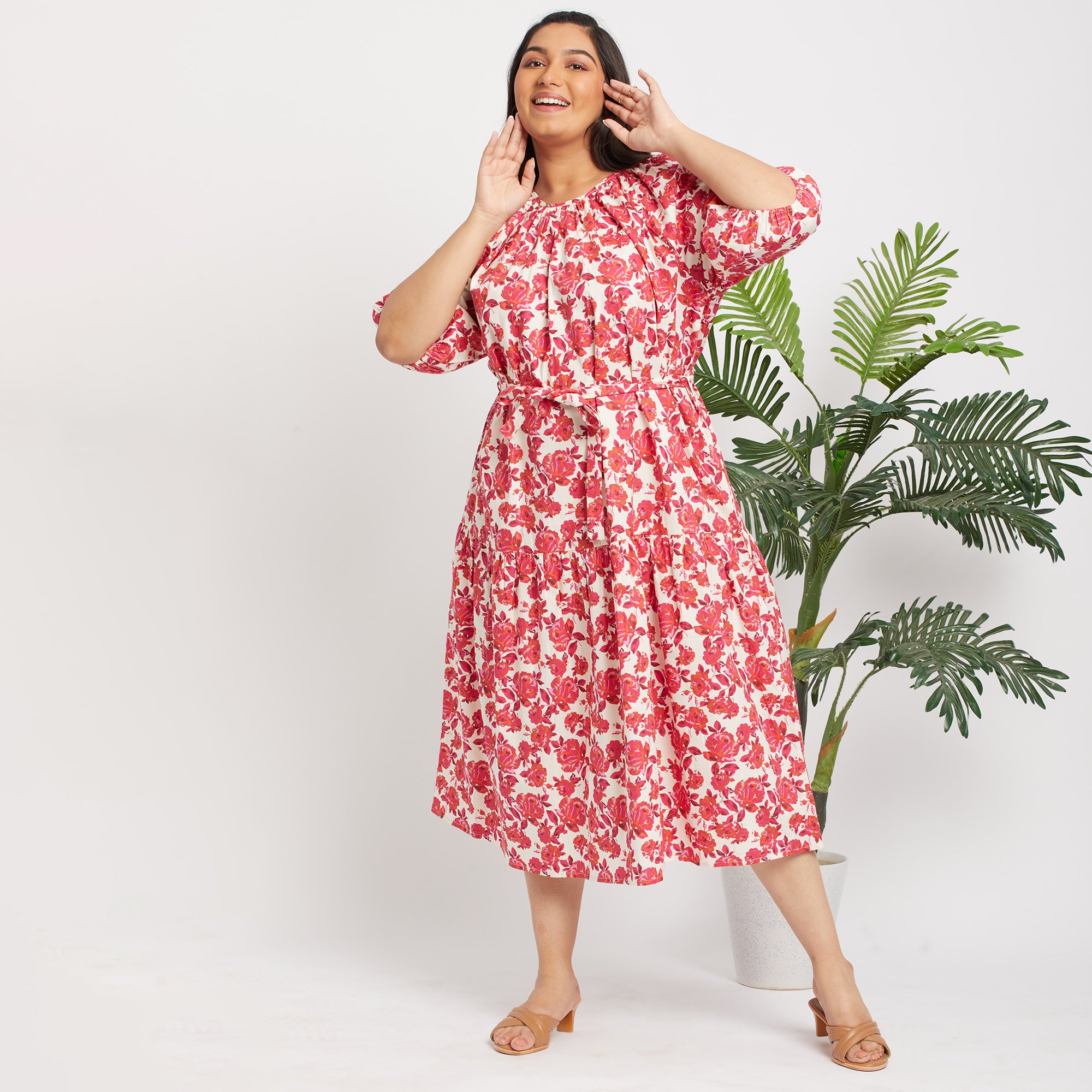 Pink Floral Poplin Plus Size Dress