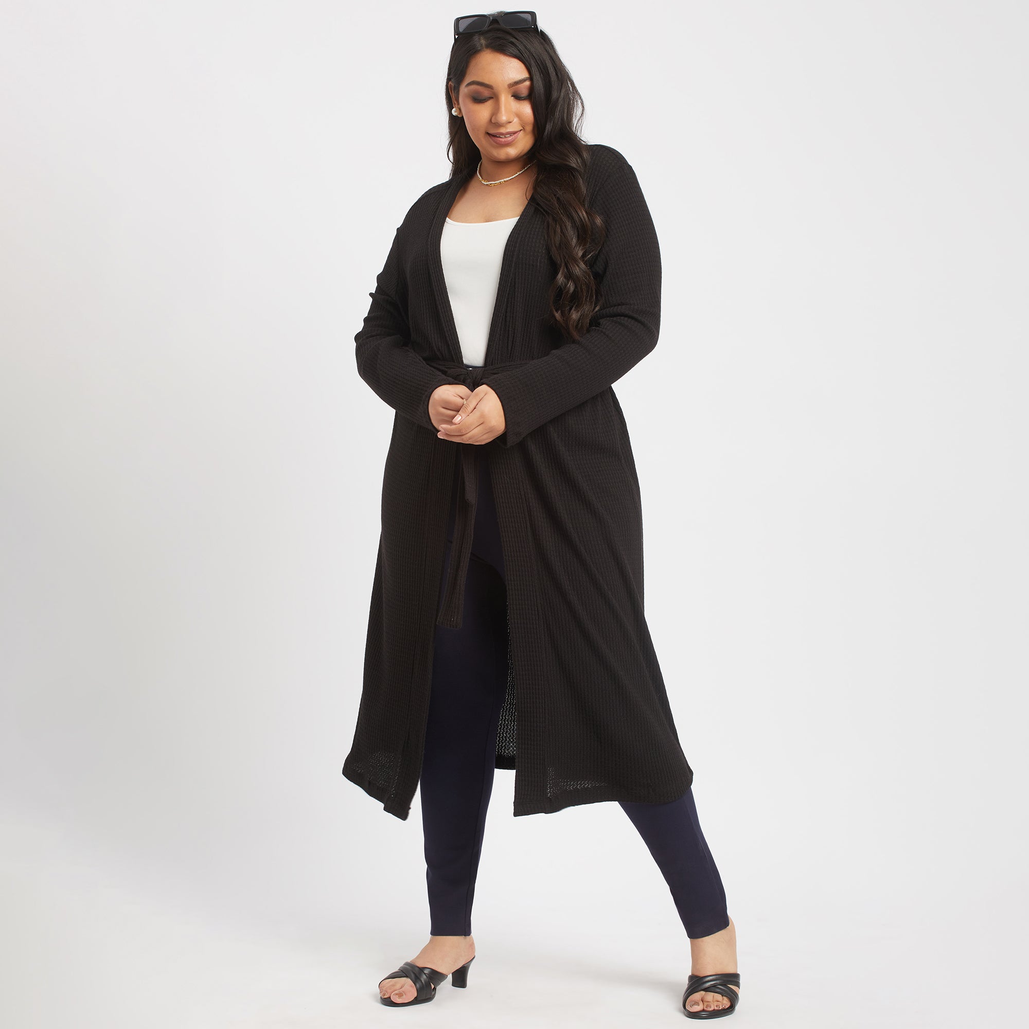 Black waffle knit plus size maxi shrug