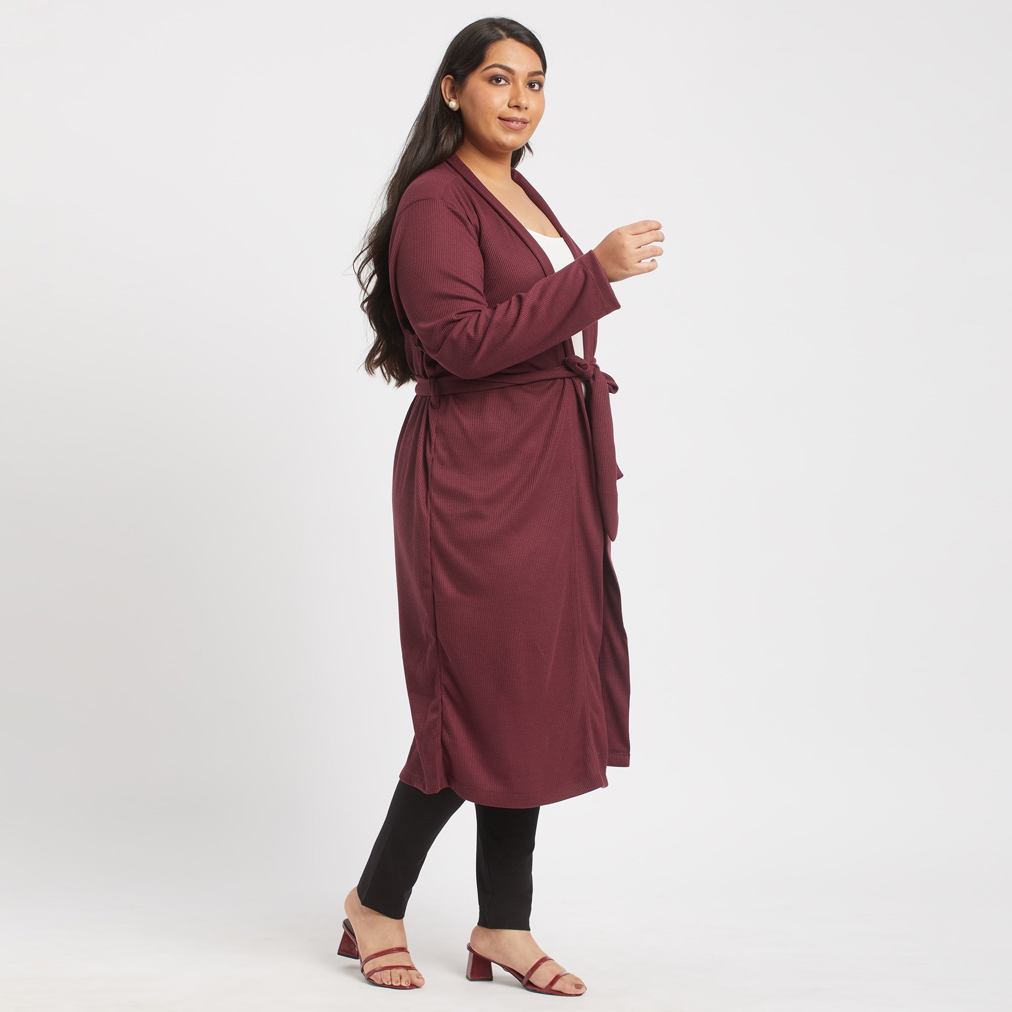 Maroon waffle knit plus size maxi shrug