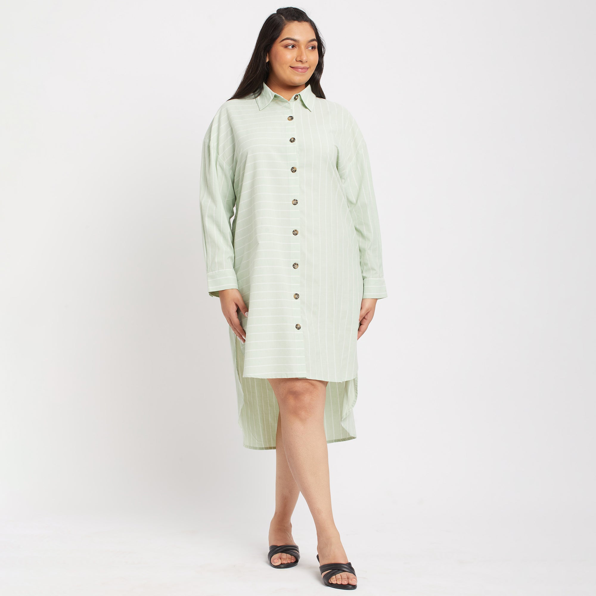 Green Stripes Plus Size Shirt Dress