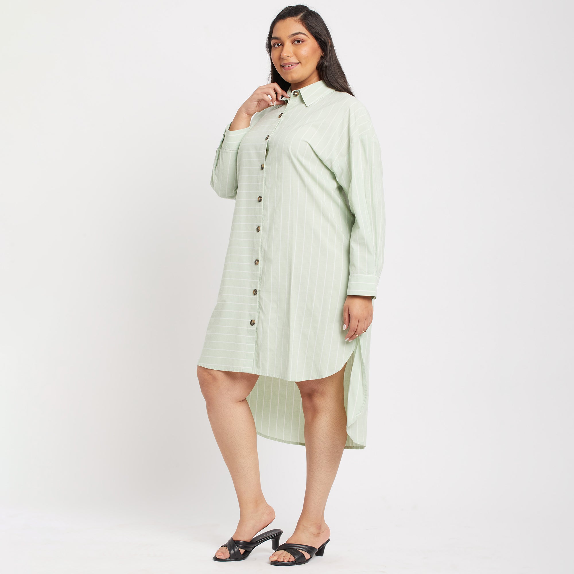 Green Stripes Plus Size Shirt Dress