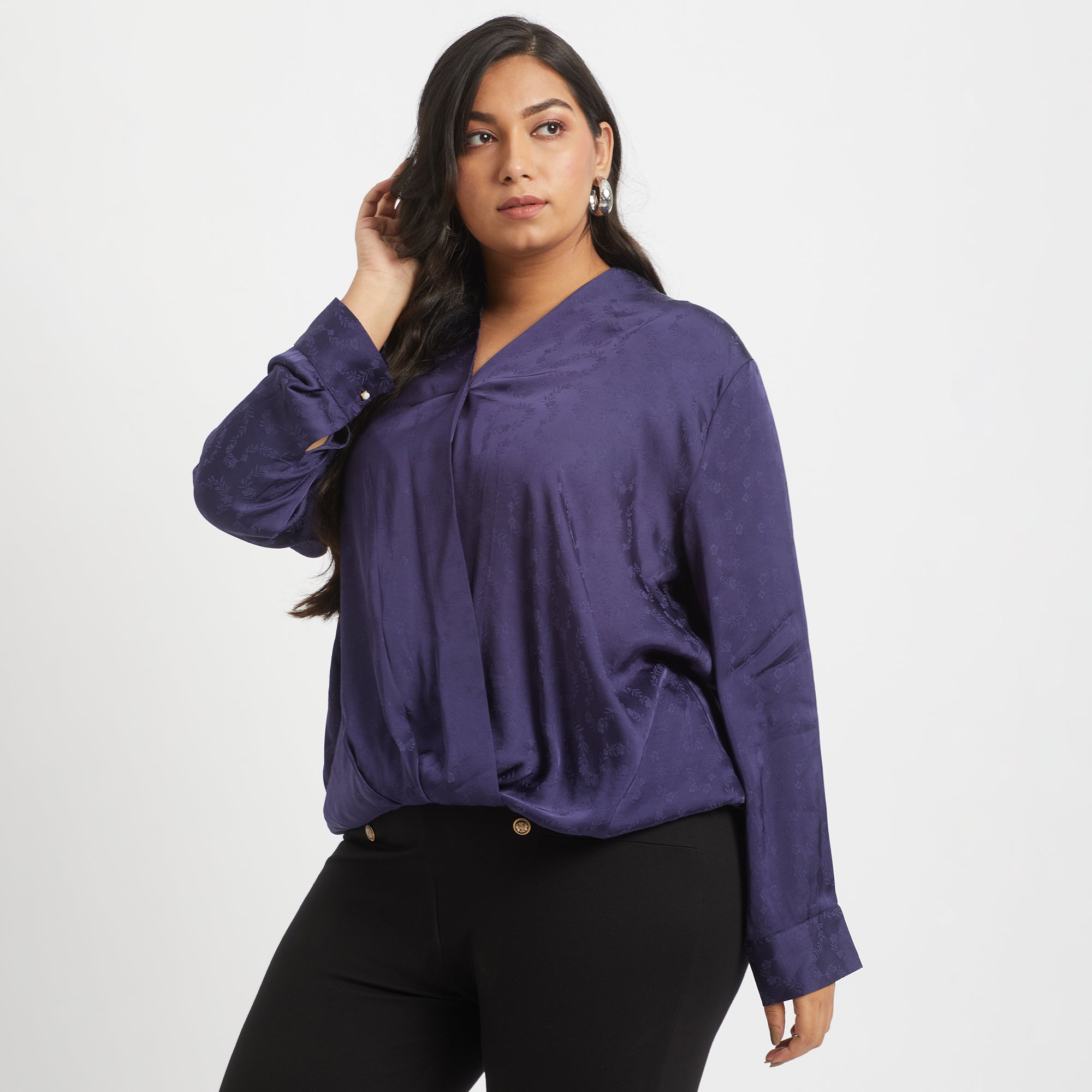 Blue viscose jacquard plus size wrap top