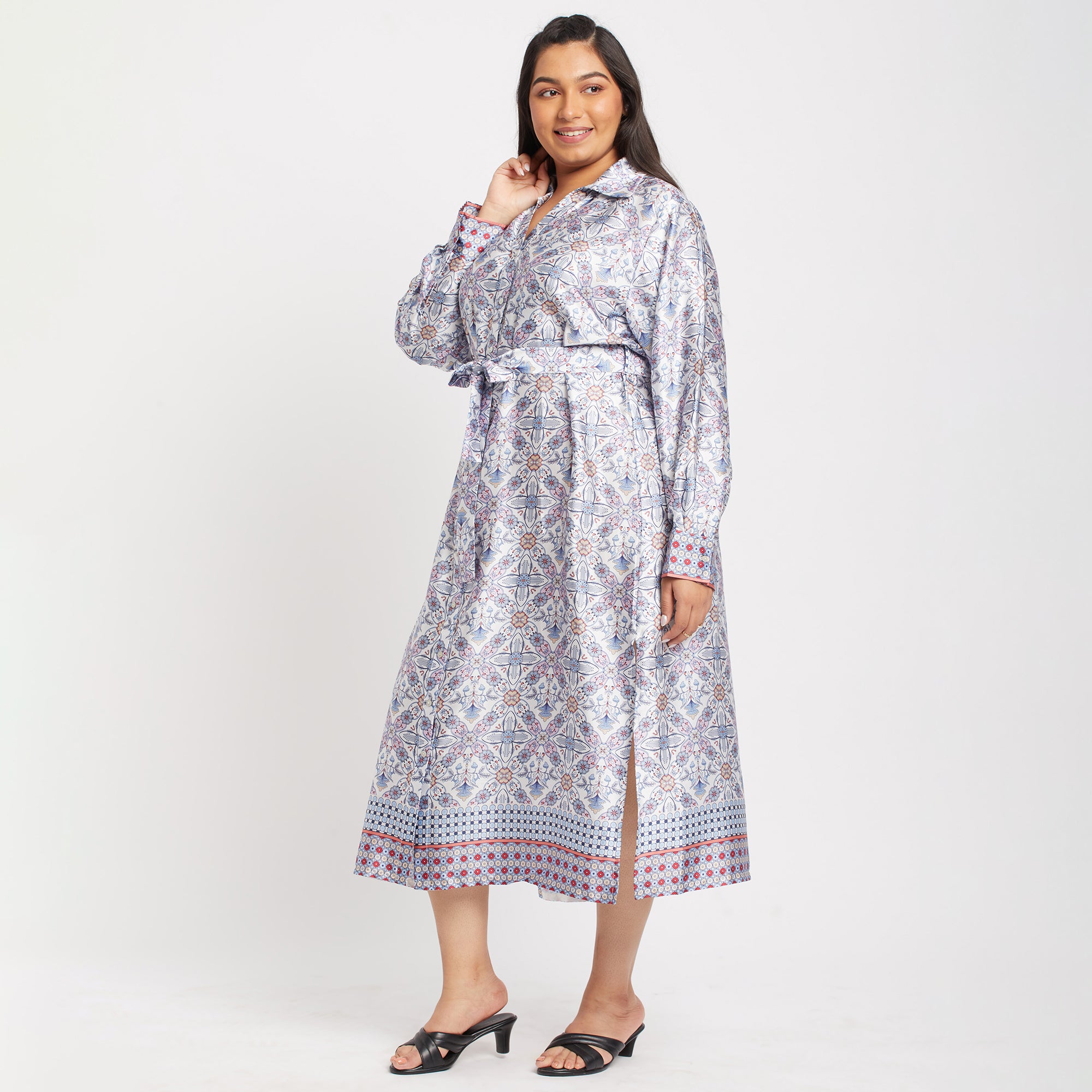 Printed Satin Plus Size Shirt Dress