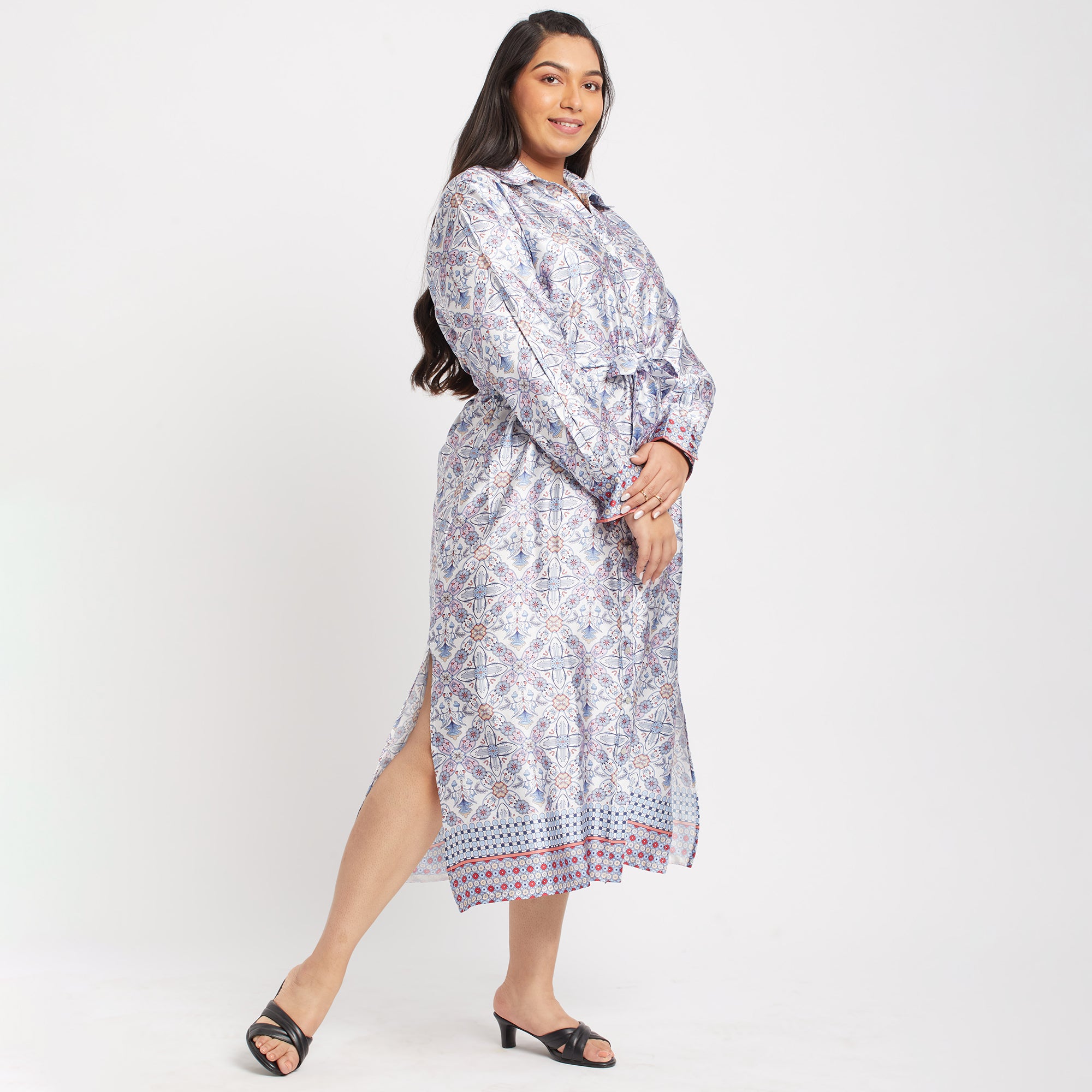 Printed Satin Plus Size Shirt Dress