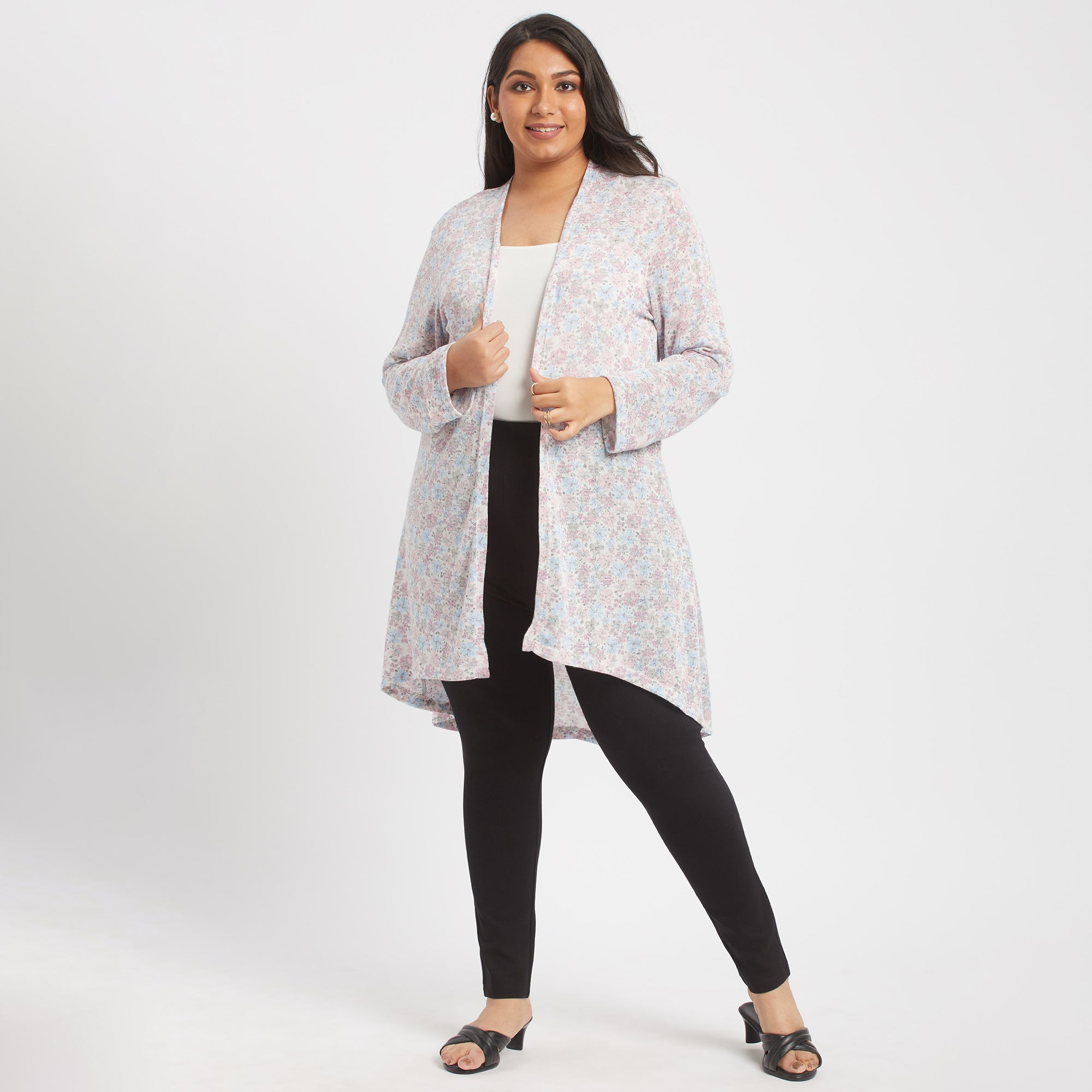 White printed plus size knit shrug