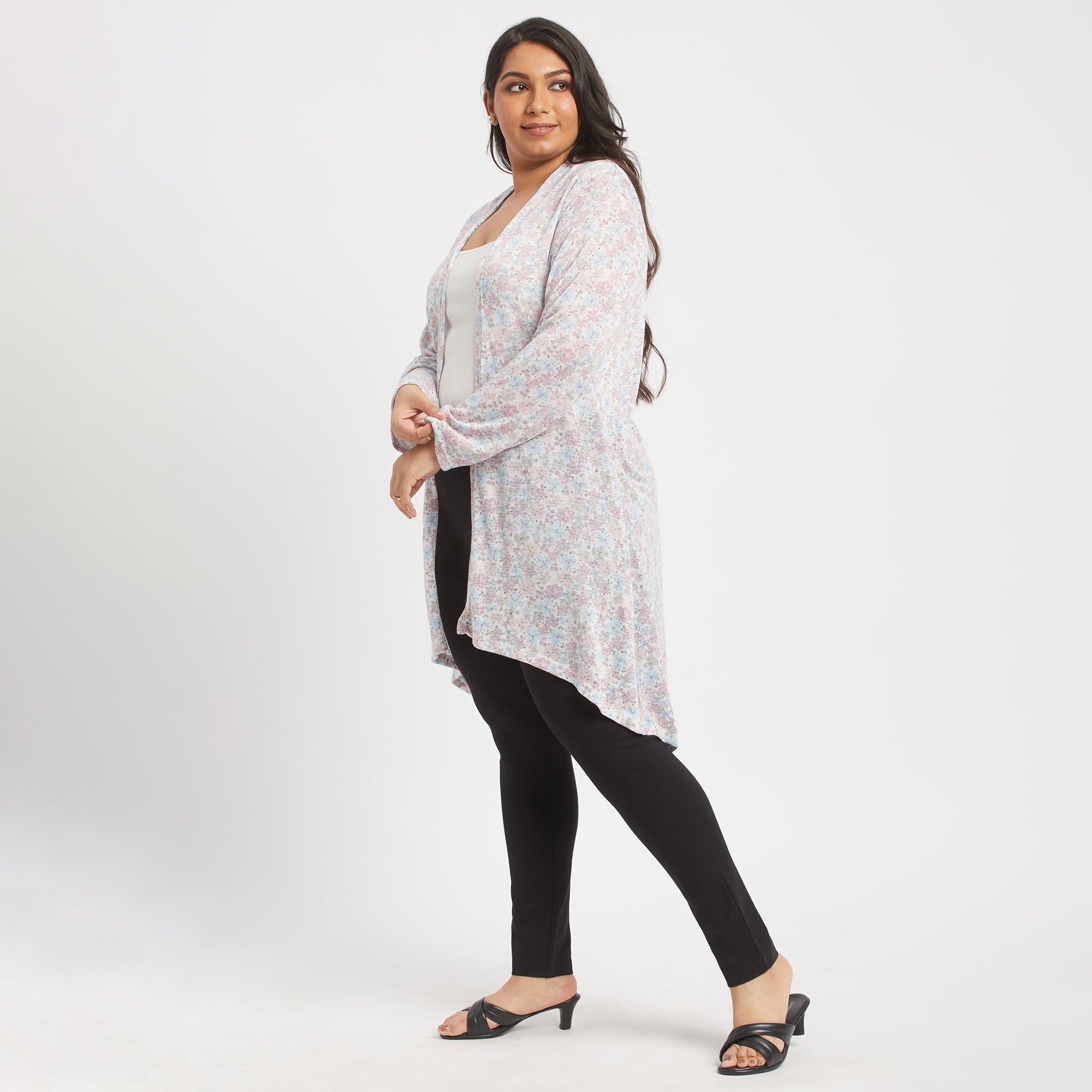 White printed plus size knit shrug