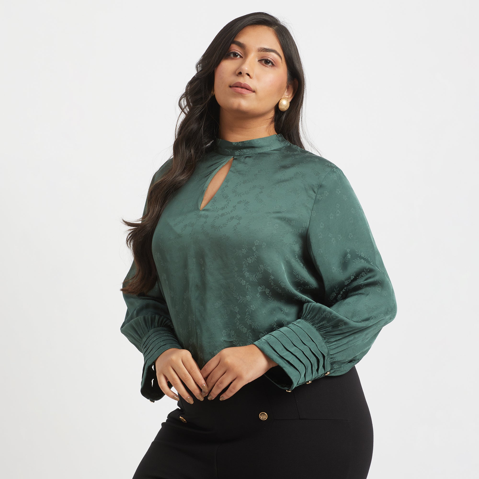 Green viscose jacquard plus size keyhole top