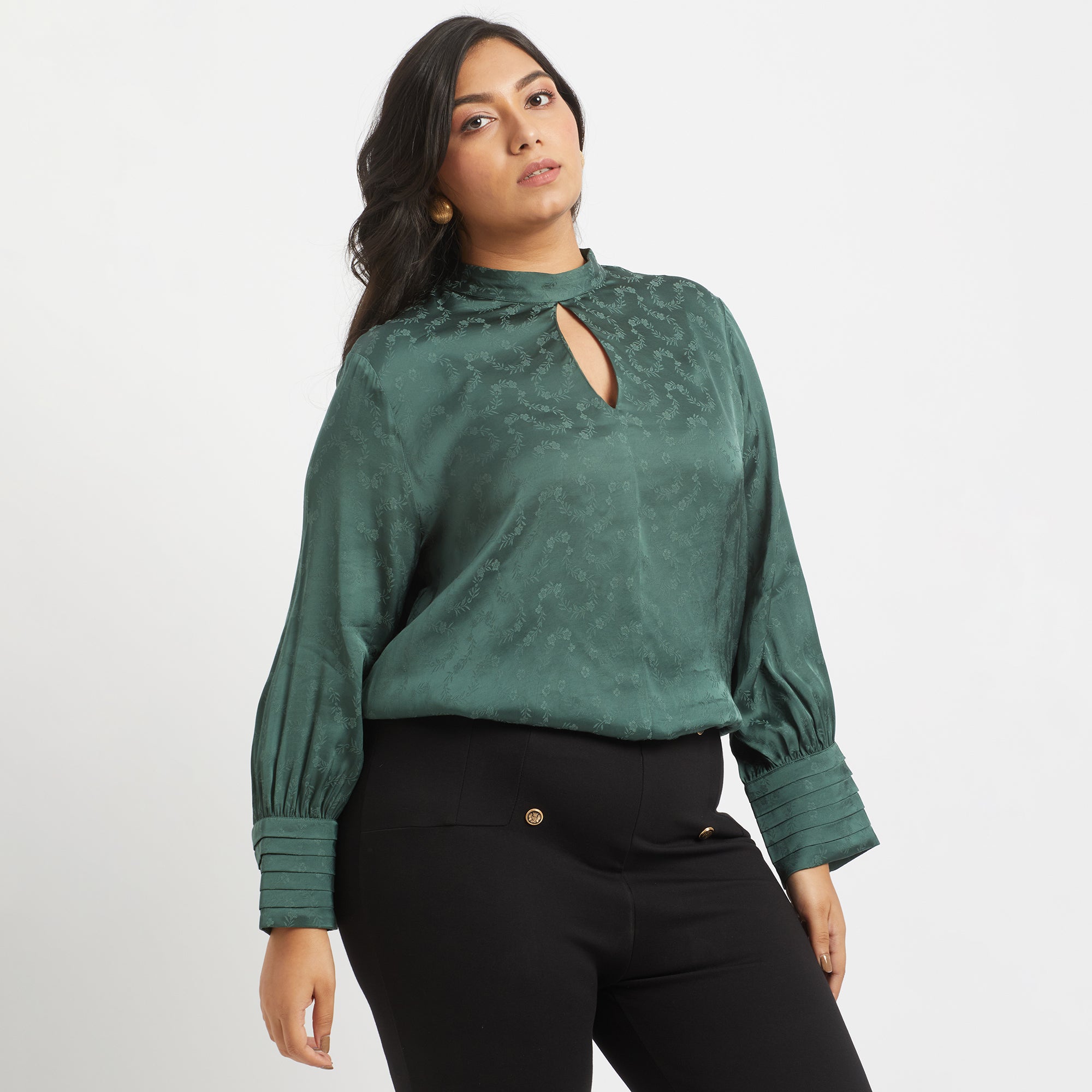 Green viscose jacquard plus size keyhole top