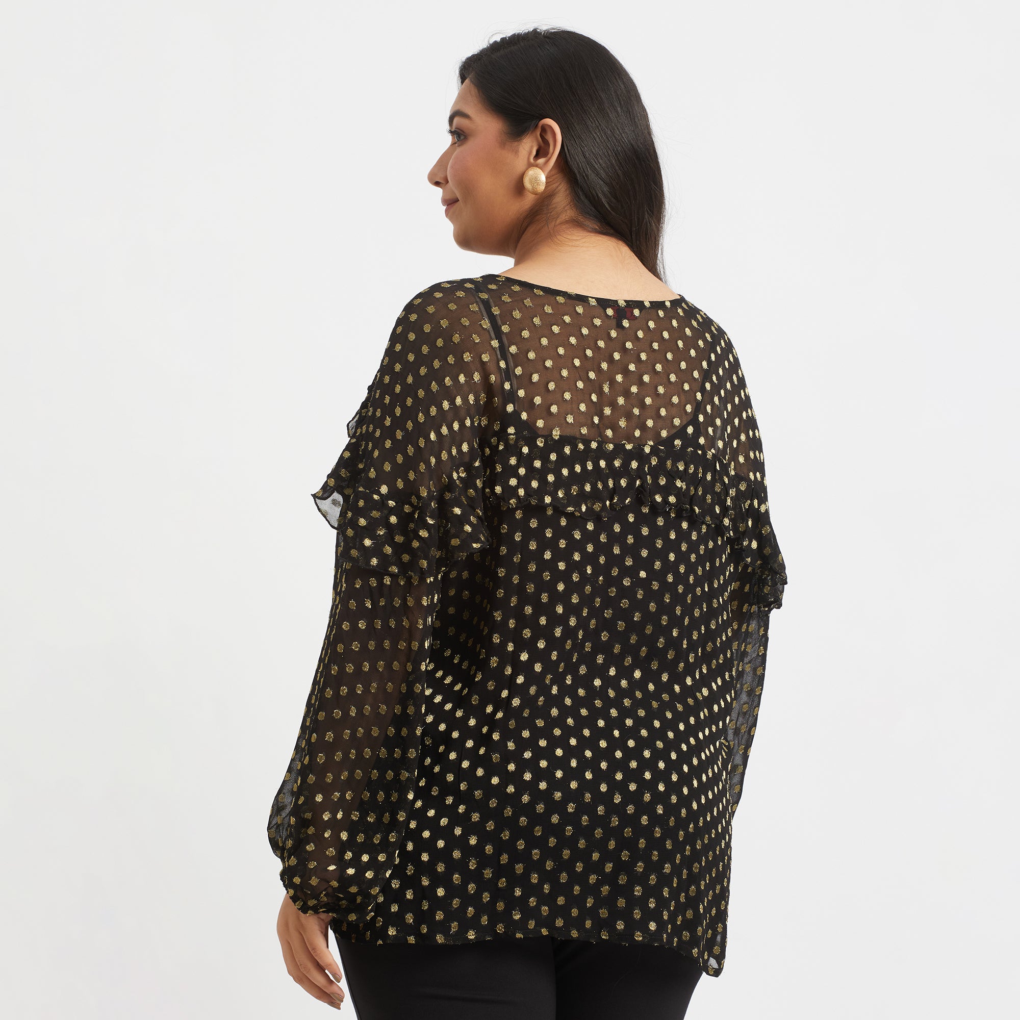 Black and Gold Dobby Plus Size Ruffled Top