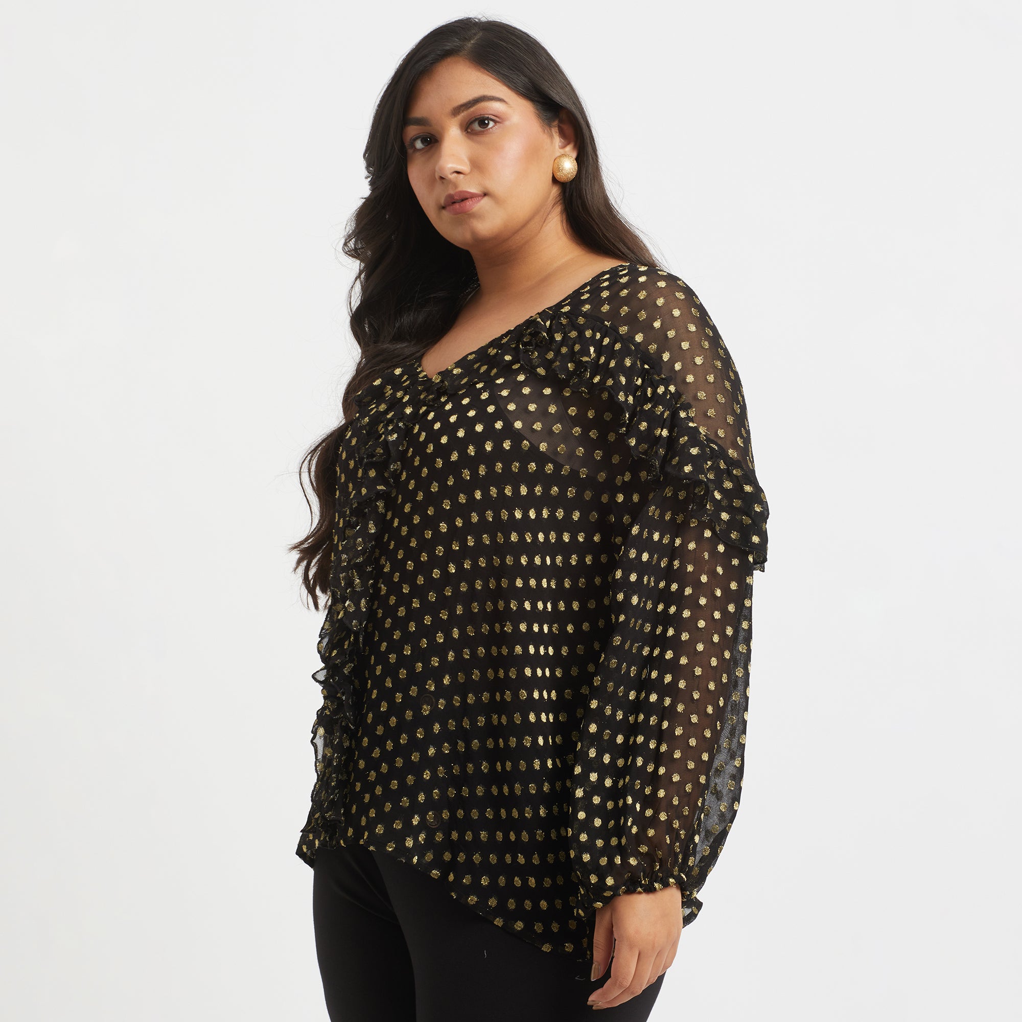 Black and Gold Dobby Plus Size Ruffled Top