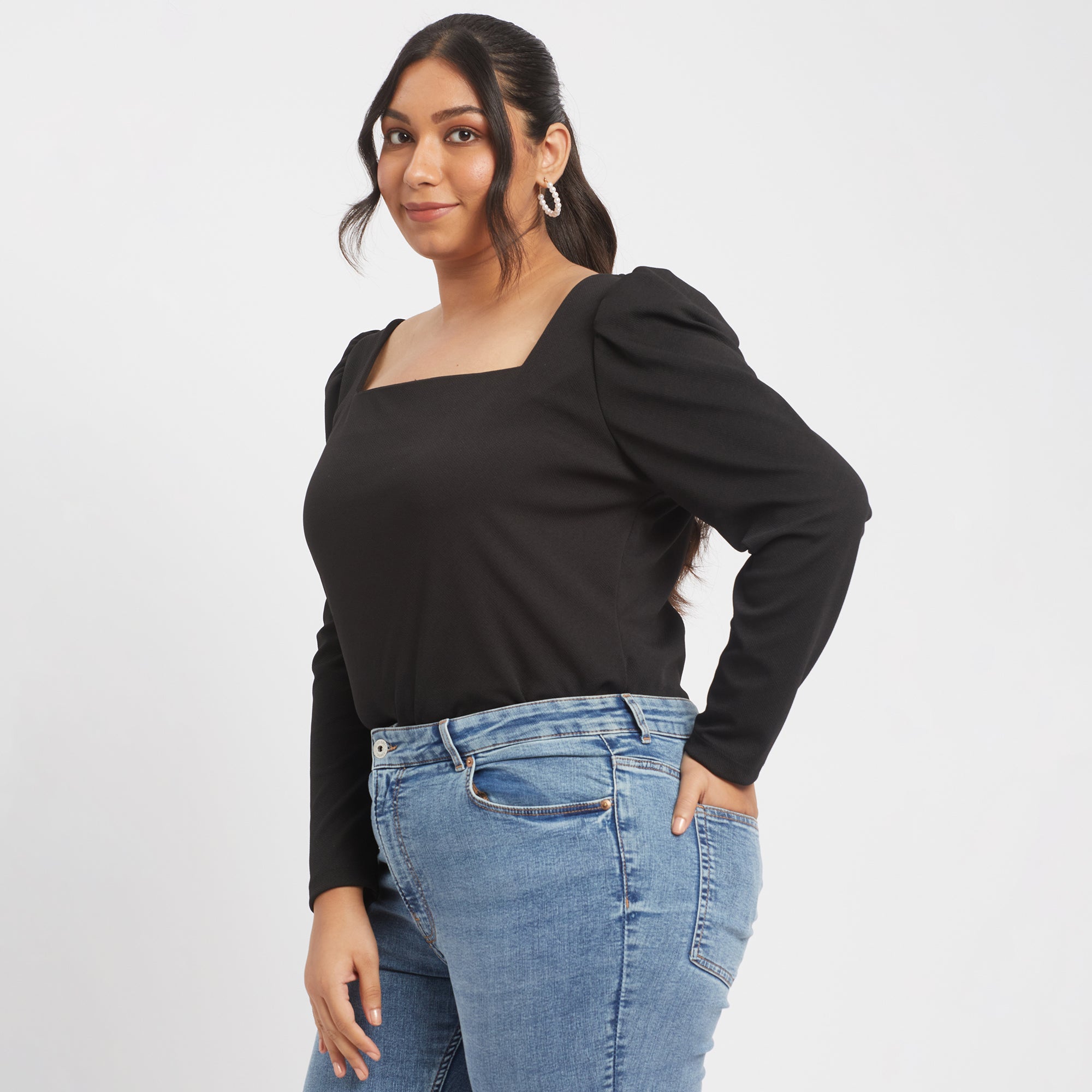 Black textured knit plus size square neck puff sleeves top