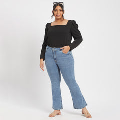 Black textured knit plus size square neck puff sleeves top