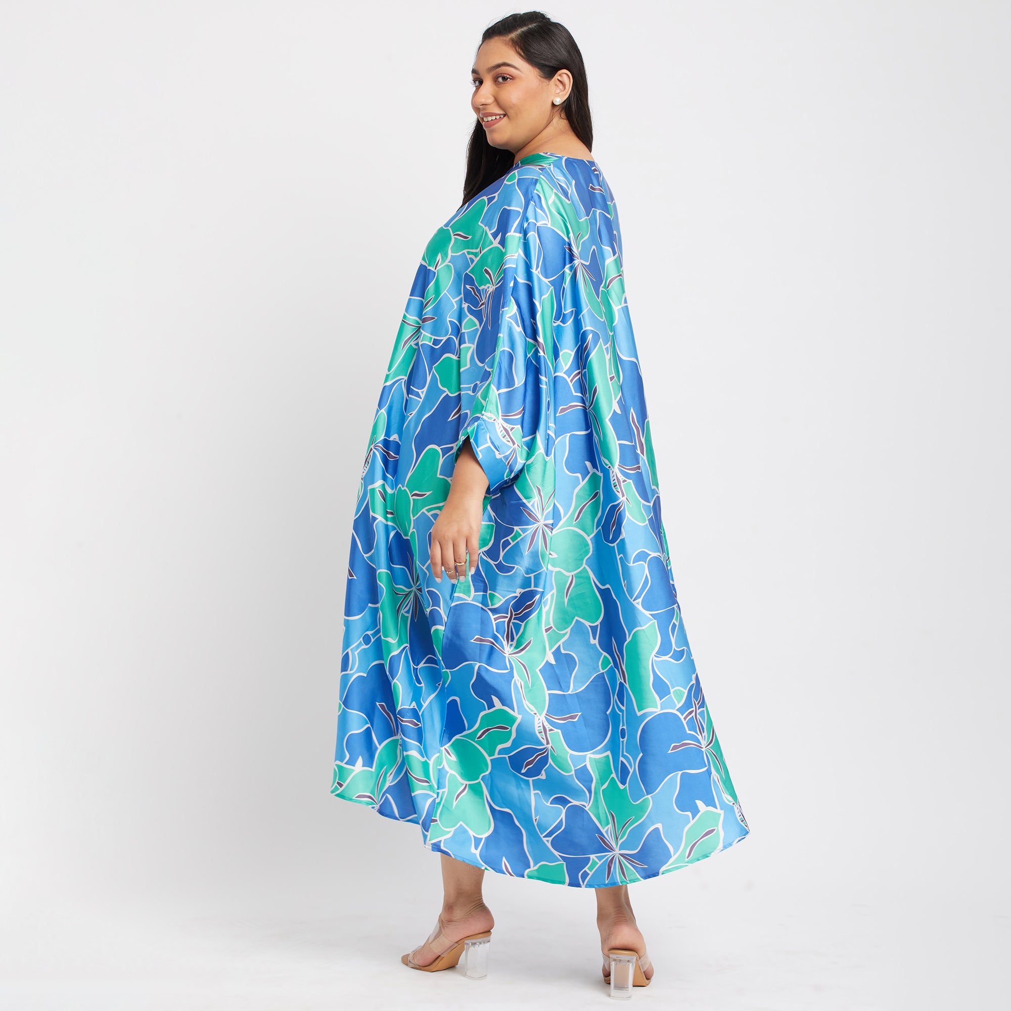 Blue Floral Satin Plus Size Kaftan