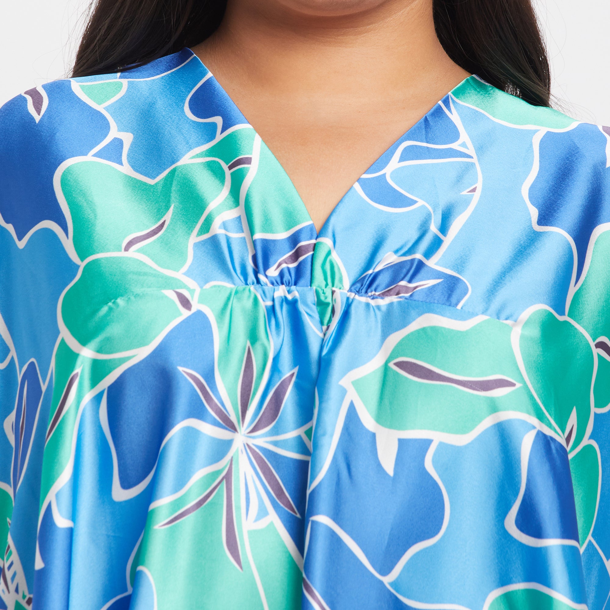 Blue Floral Satin Plus Size Kaftan