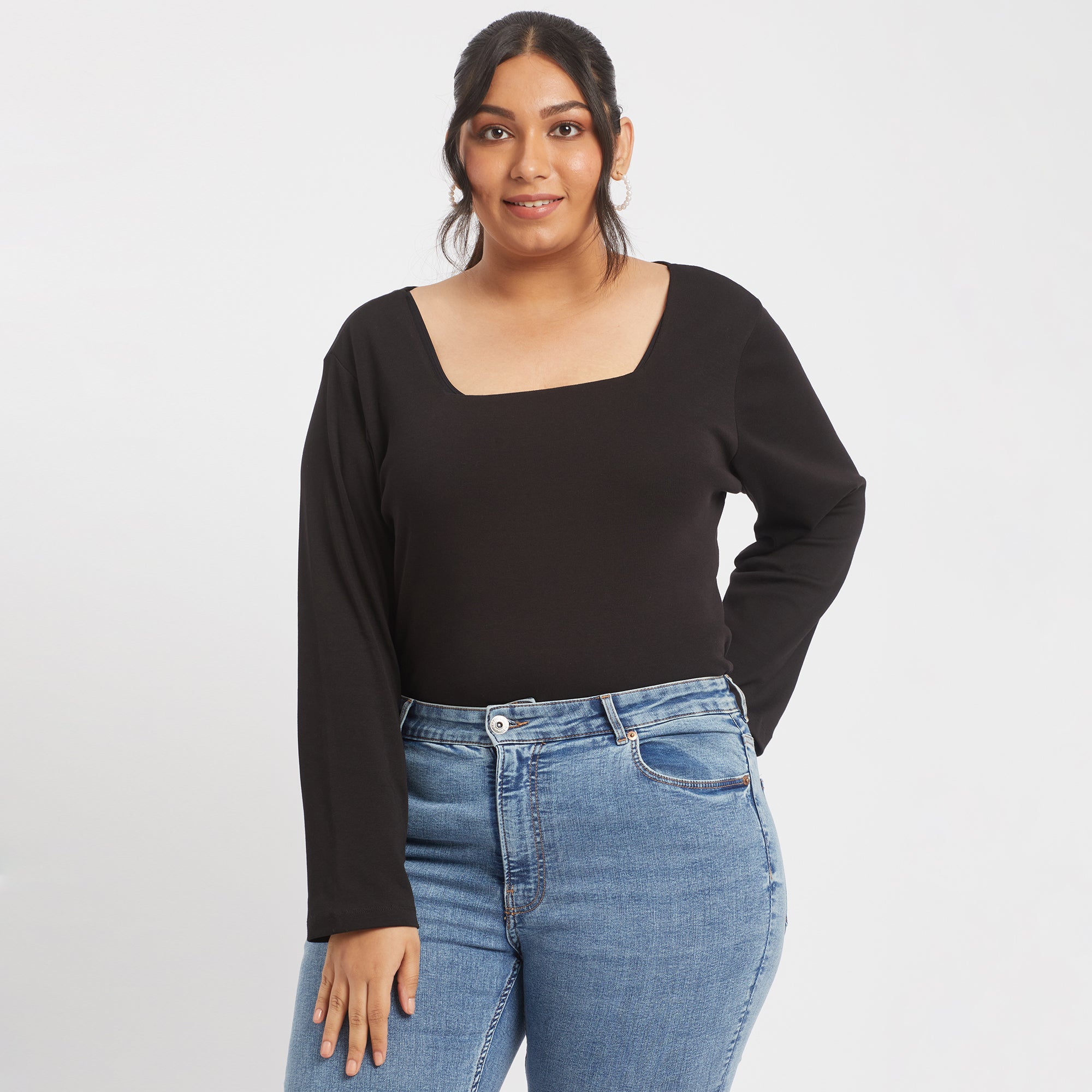 Black cotton rib plus size square neck top