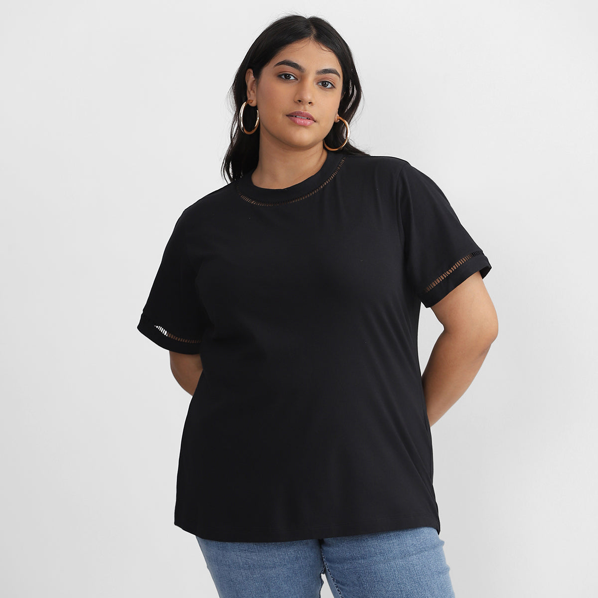 Plus Size Lace Insert Basic T-shirt 