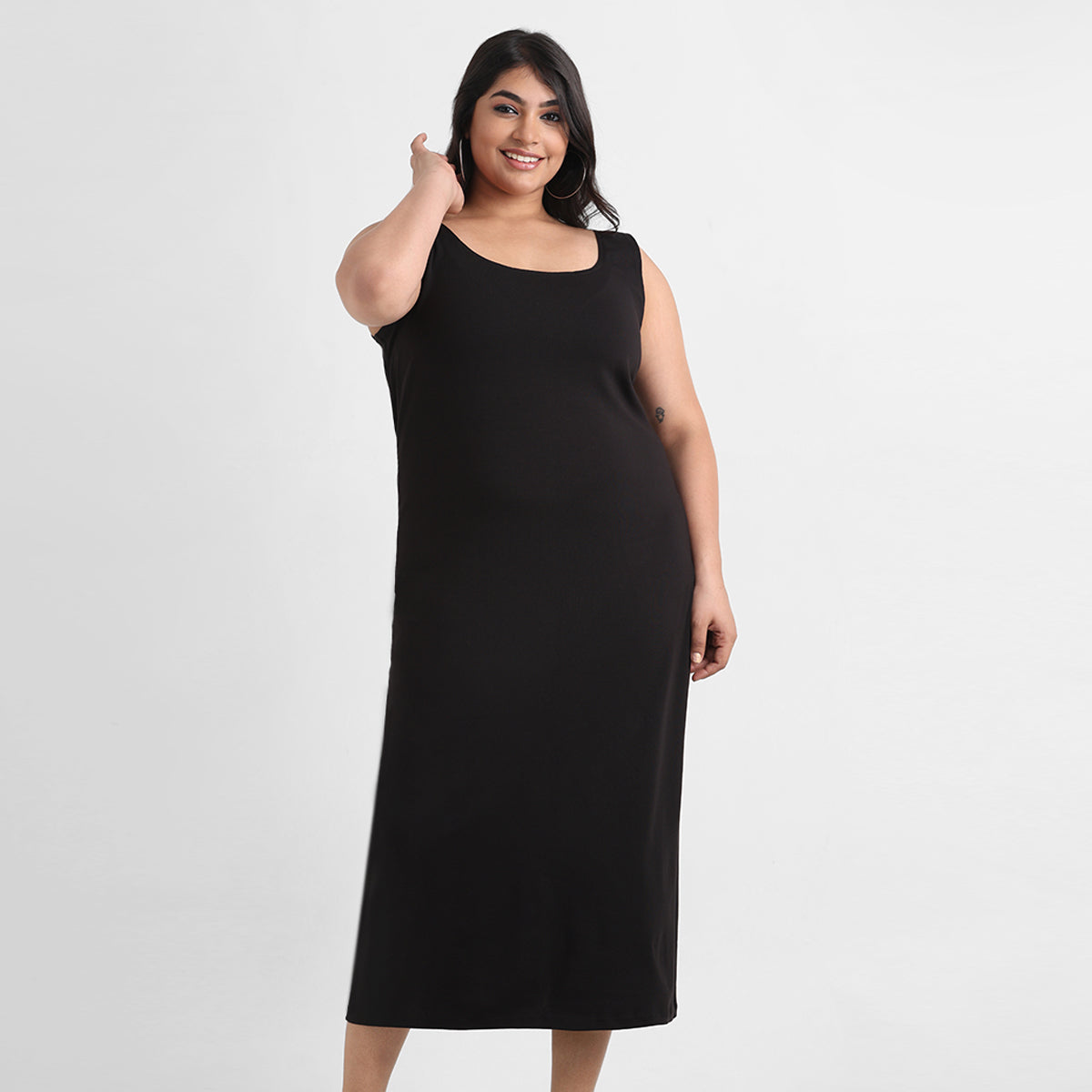 Black cotton rib plus size sleeveless bodycon midi dress