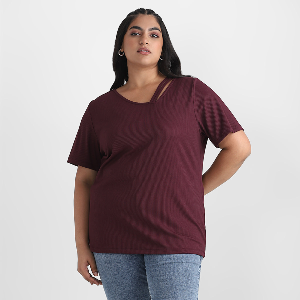 Maroon V Neck Rib Plus Size Tshirt