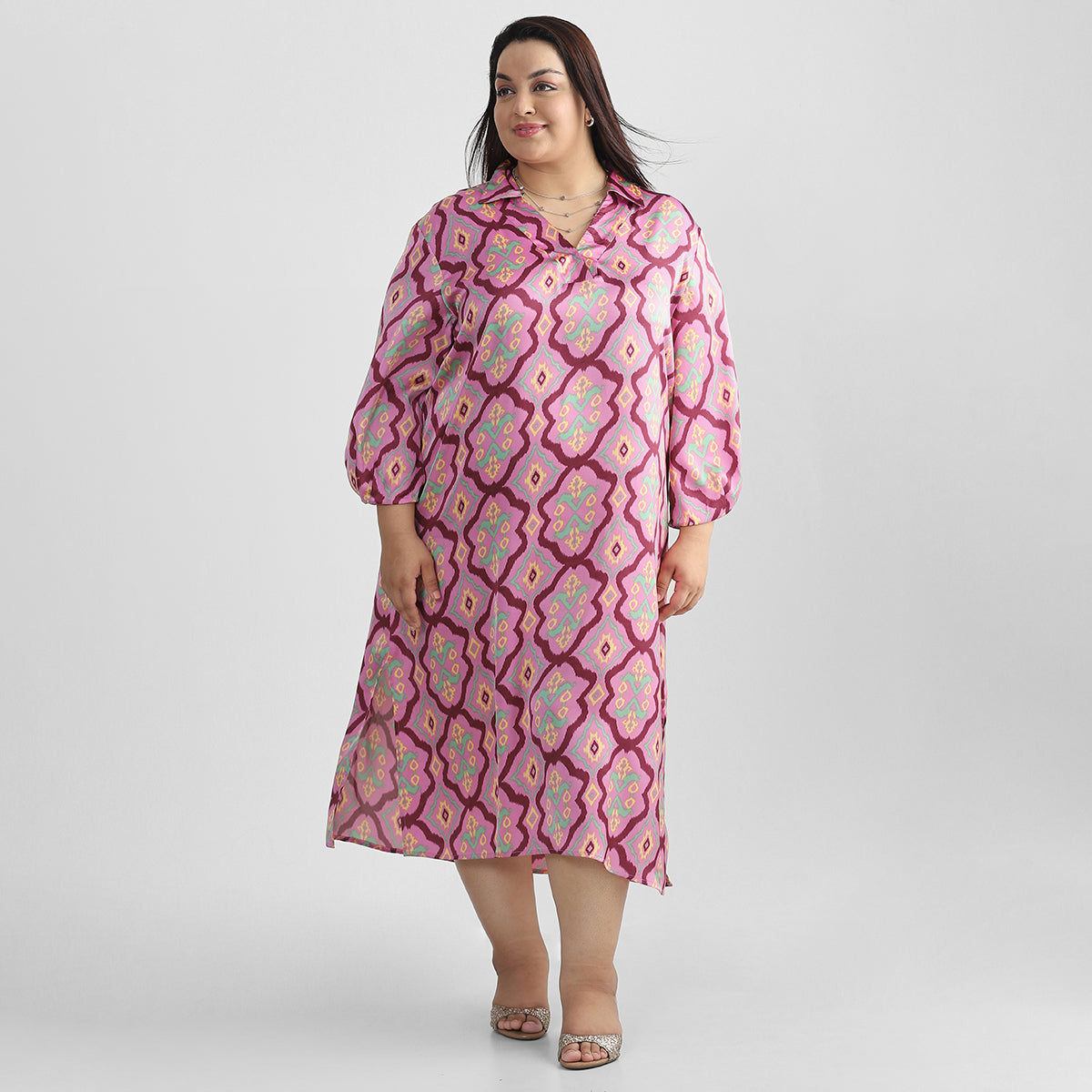 Plus Size Patterned Pink Kaftan Dress 