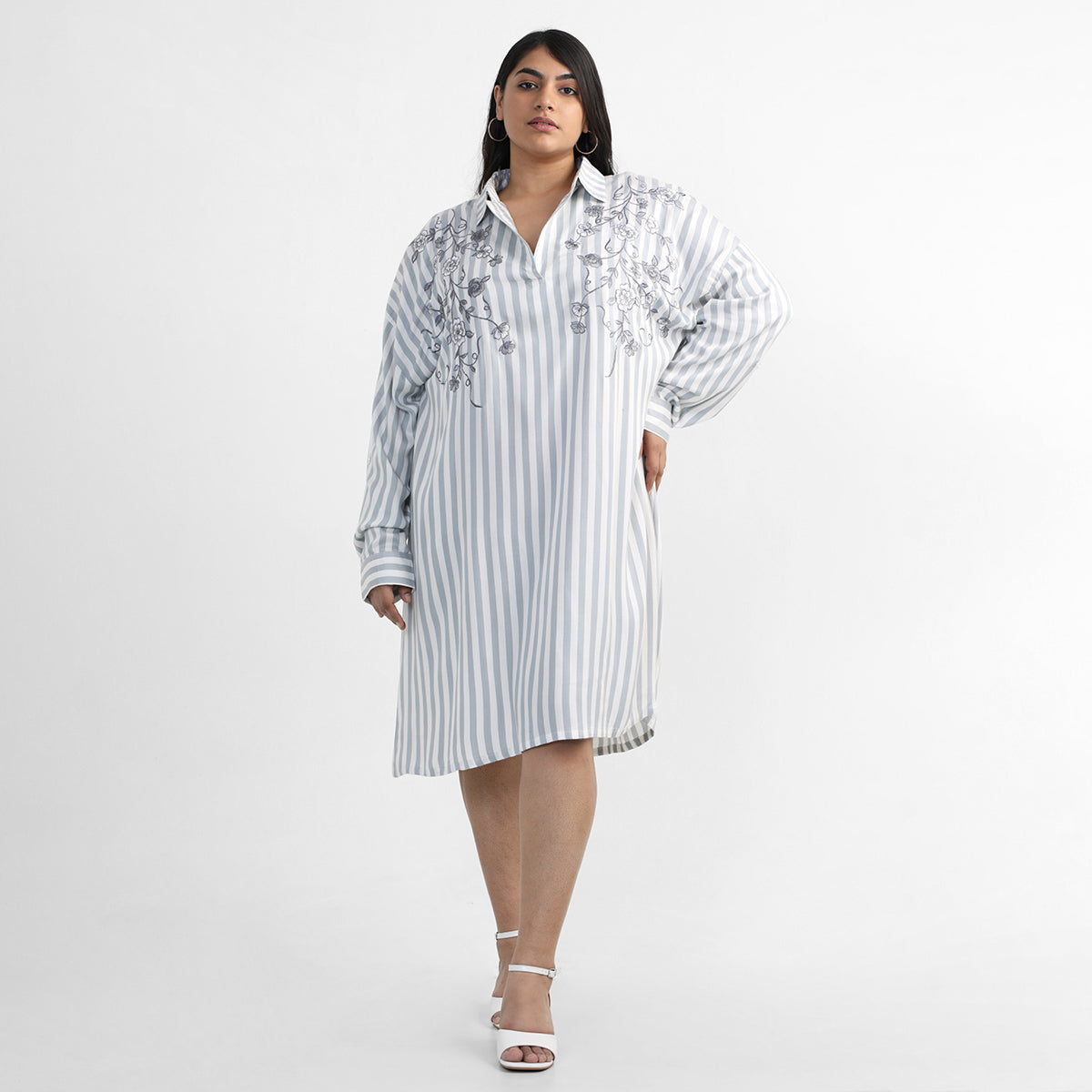 Herringbone Strip Embroidered Dress For Plus Size Women