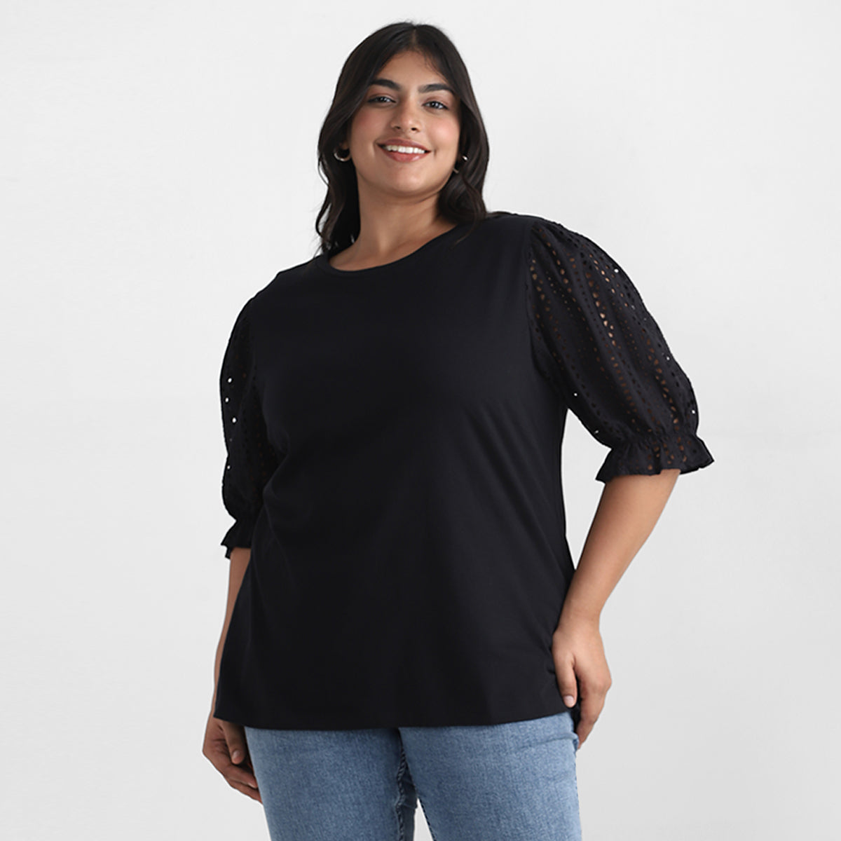 Embroidery Puff Sleeve Plus Size Jersey Top