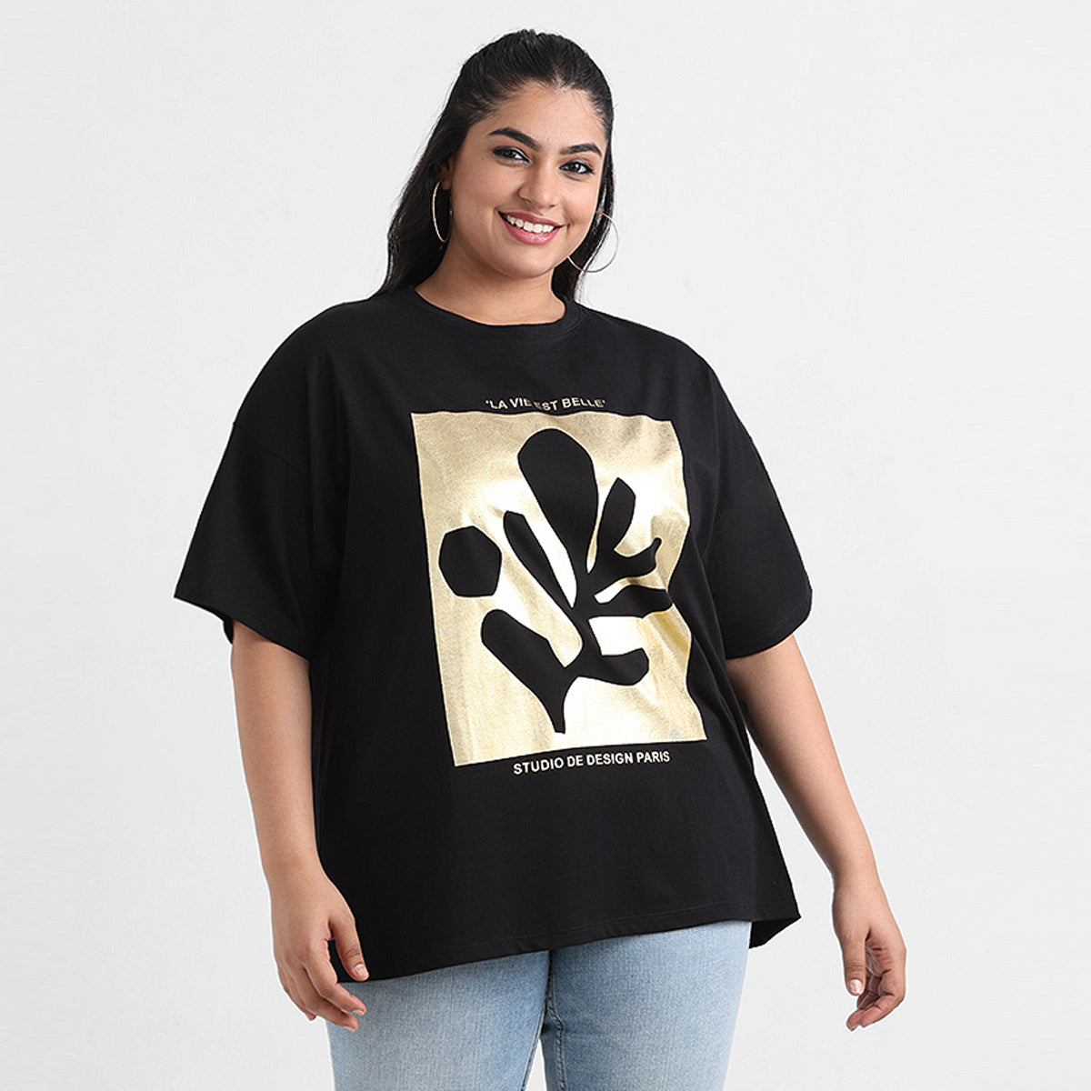 Black foil plus size chest print cotton t-shirt