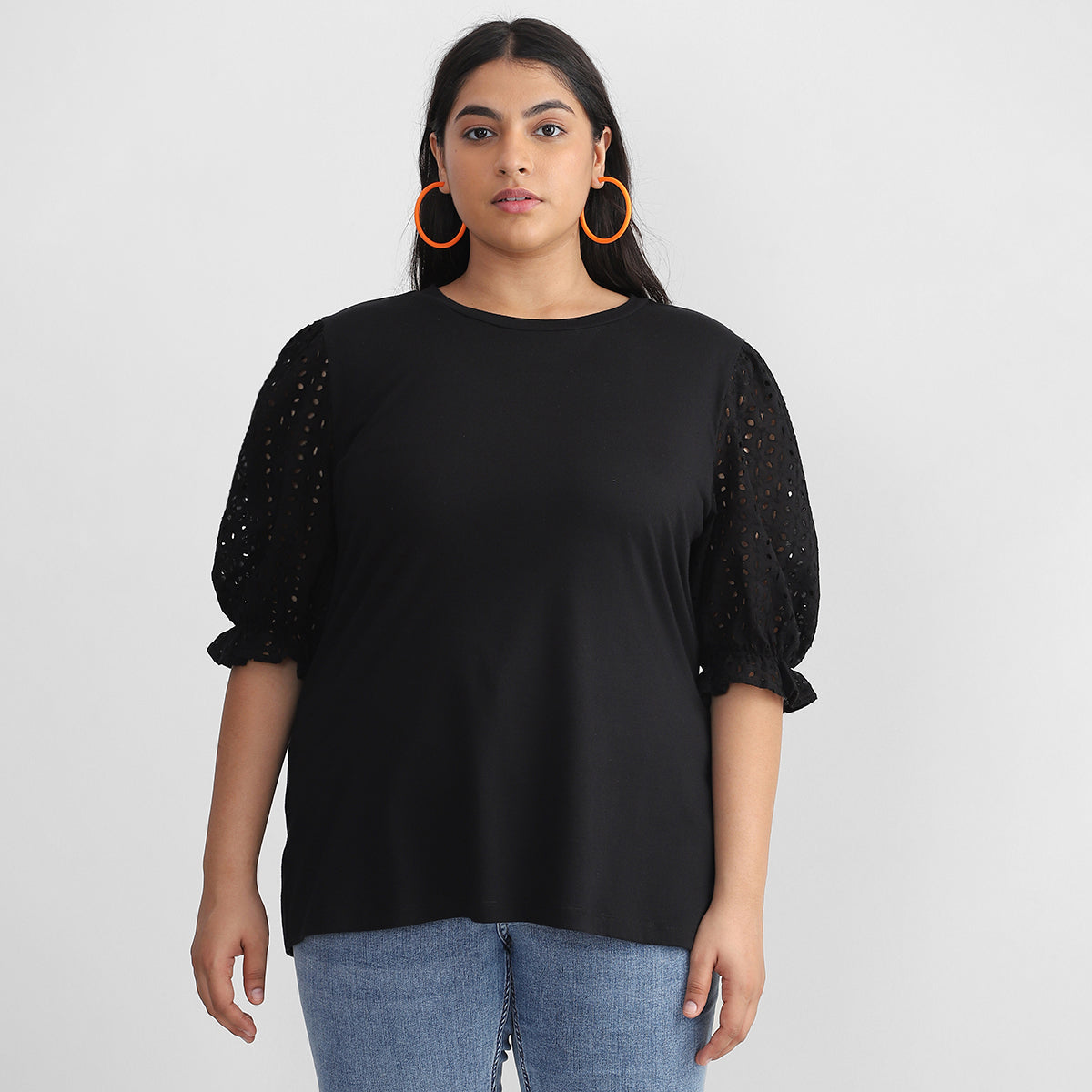 Black Cutwork Sleeves Top For Plus Size Women