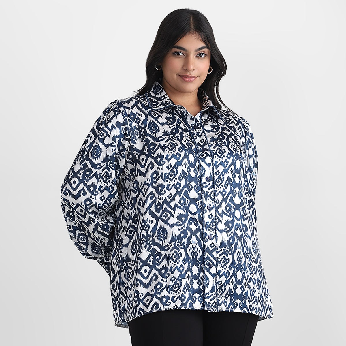 Ikat Print Satin Plus Size Shirt