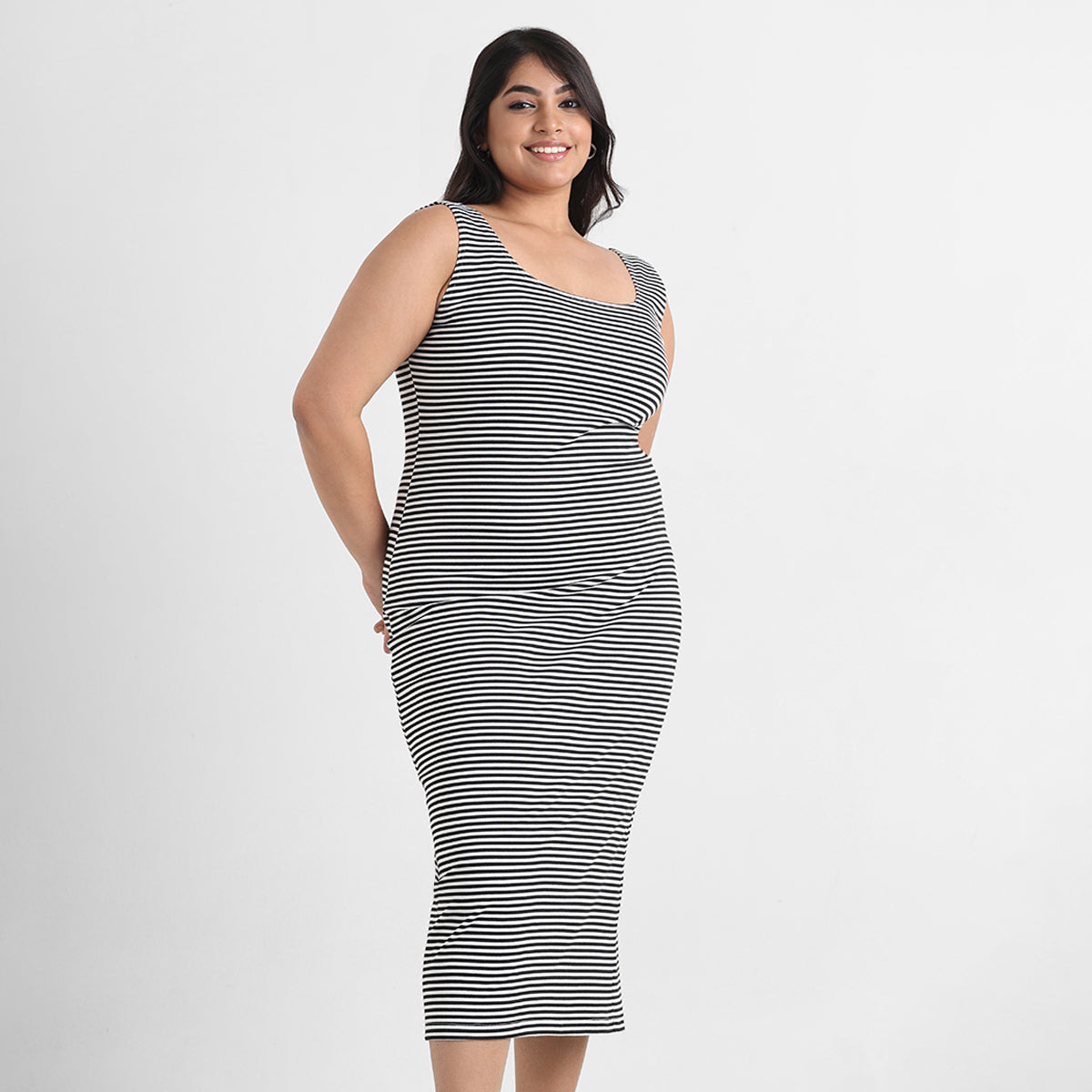 Monochrome striped plus size sleeveless bodycon midi dress