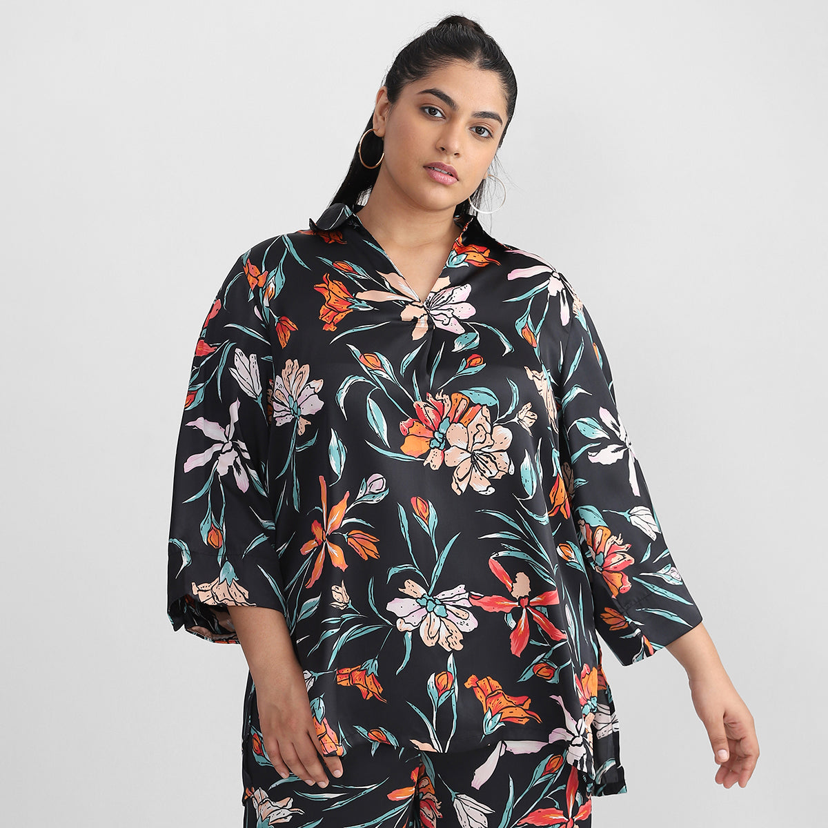 Black Floral Printed Plus Size Satin Co-ord Set