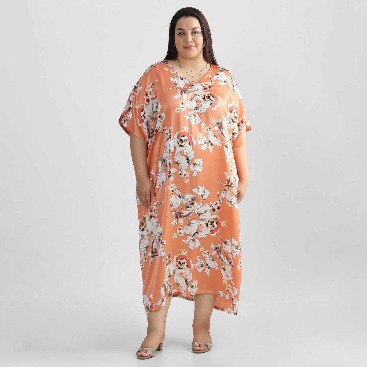 Orange Floral Kaftan For Plus Size Women