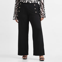 Black textured knit plus size buttoned wide leg trousers