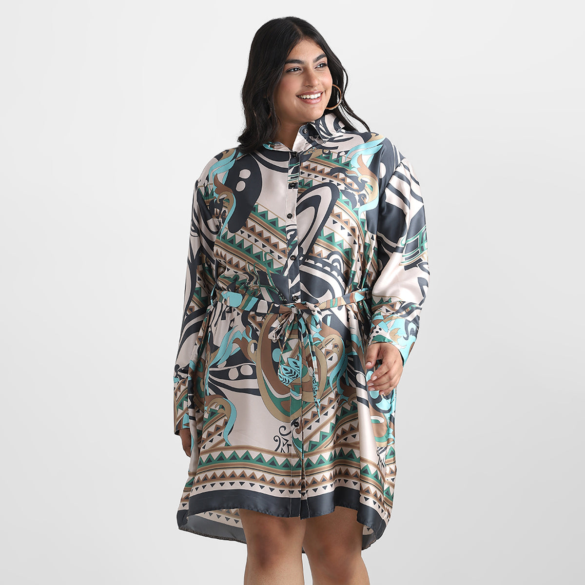 Abstract Satin Plus Size Shirt Dress