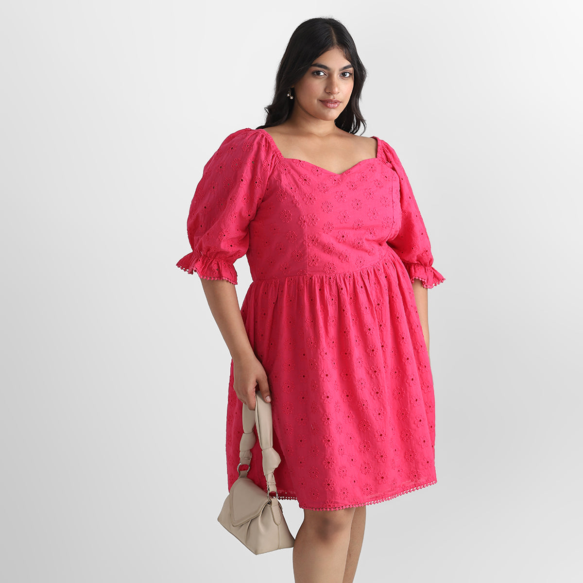 Pink Schiffli Plus Size Short Dress