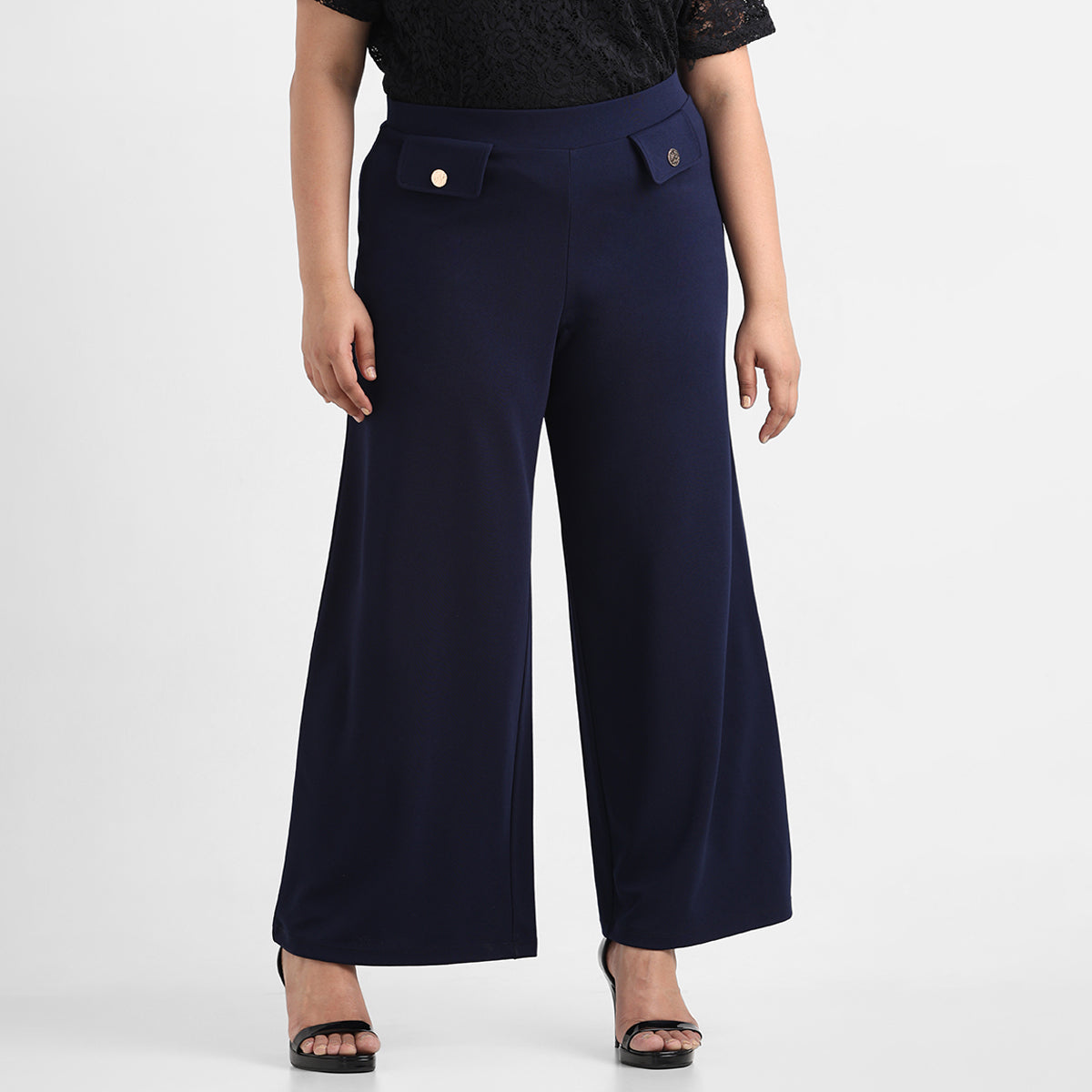 Navy blue textured knit plus size buttoned wide leg trousers