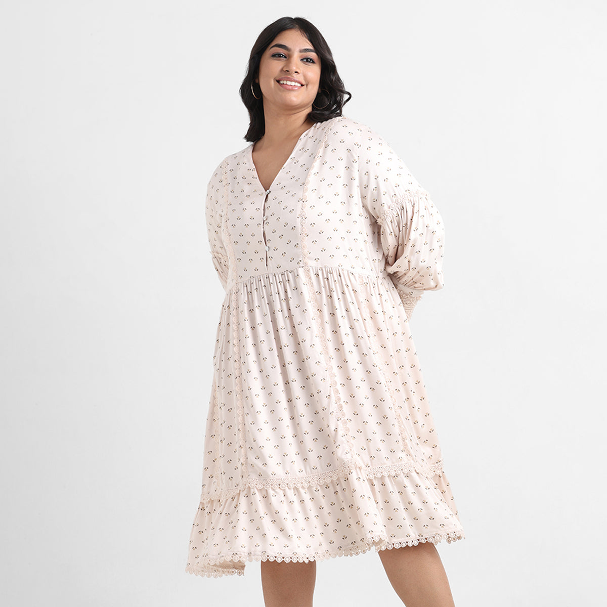 Beige printed lace inserts plus size rayon short dress