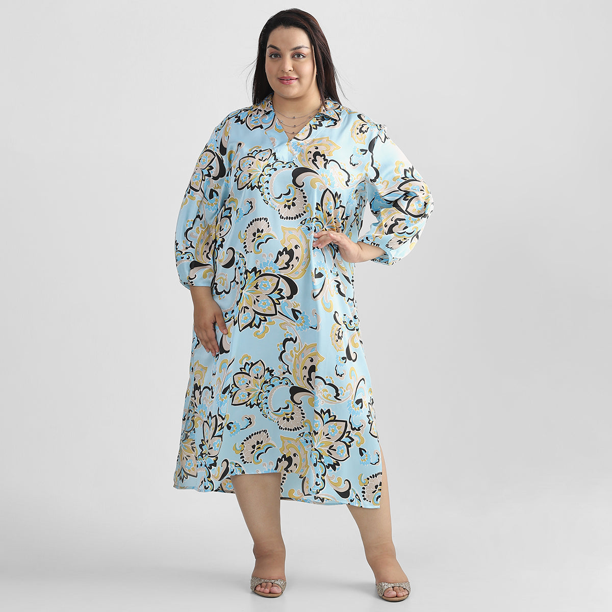 Plus Size Floral Blue Kaftan Dress 