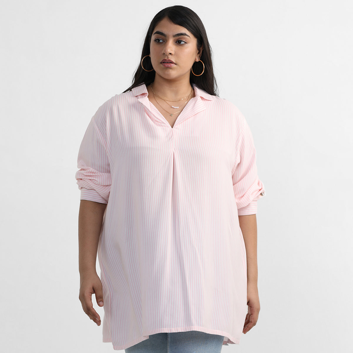 Pink Striped Plus Size Cotton Shirt