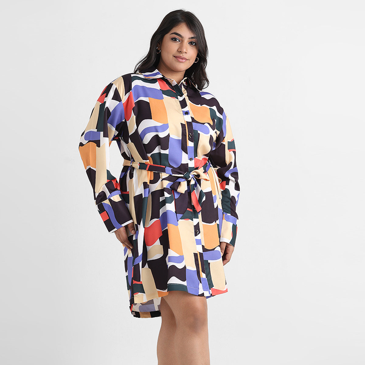 Abstract print plus size satin shirt dress