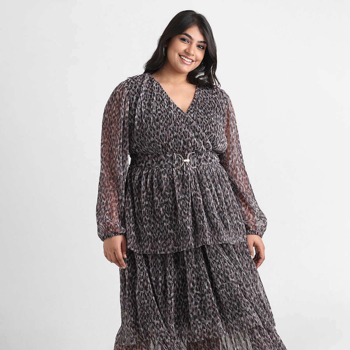 Animal print pleated mesh plus size party dress