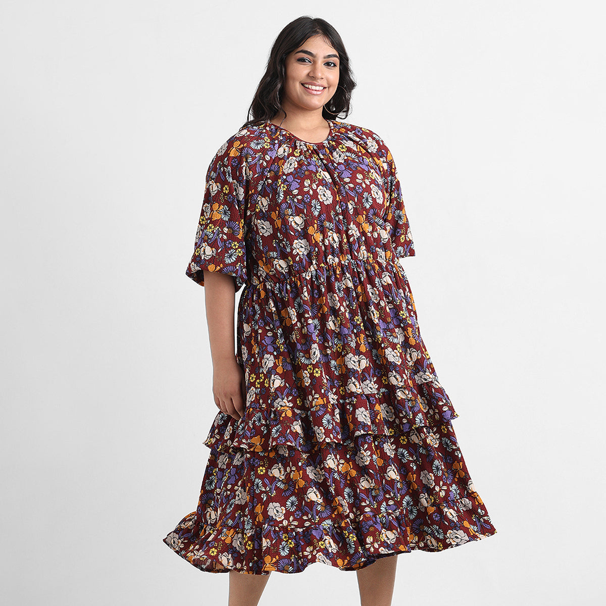 Brown floral print plus size textured knit midi dress