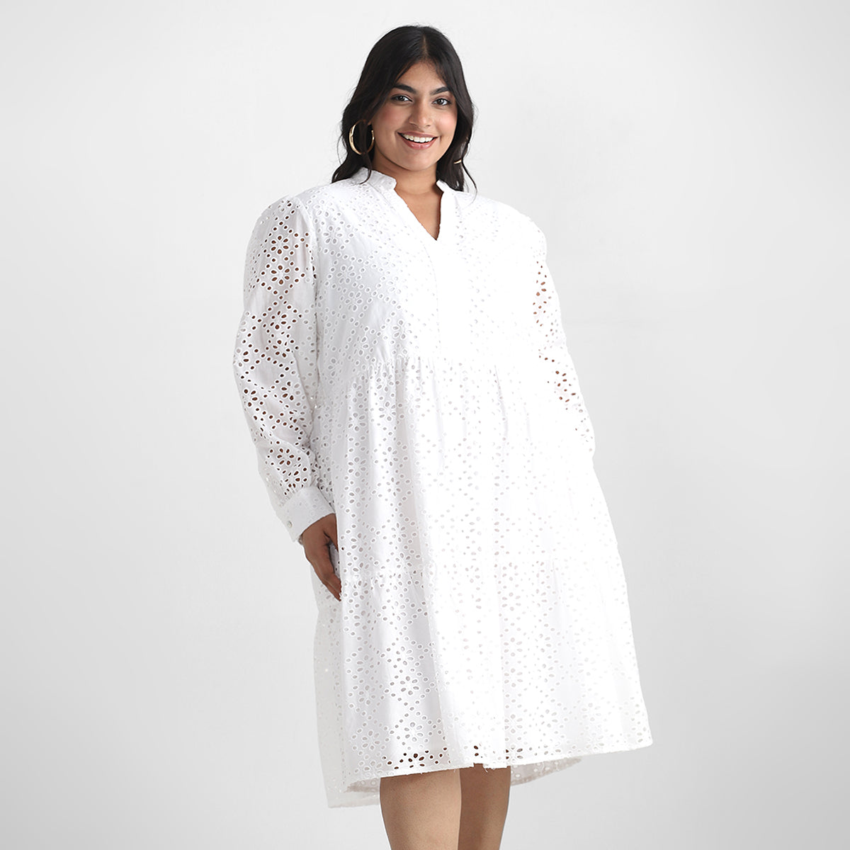 White Cutwork Schiffli Cotton Plus Size Short Dress