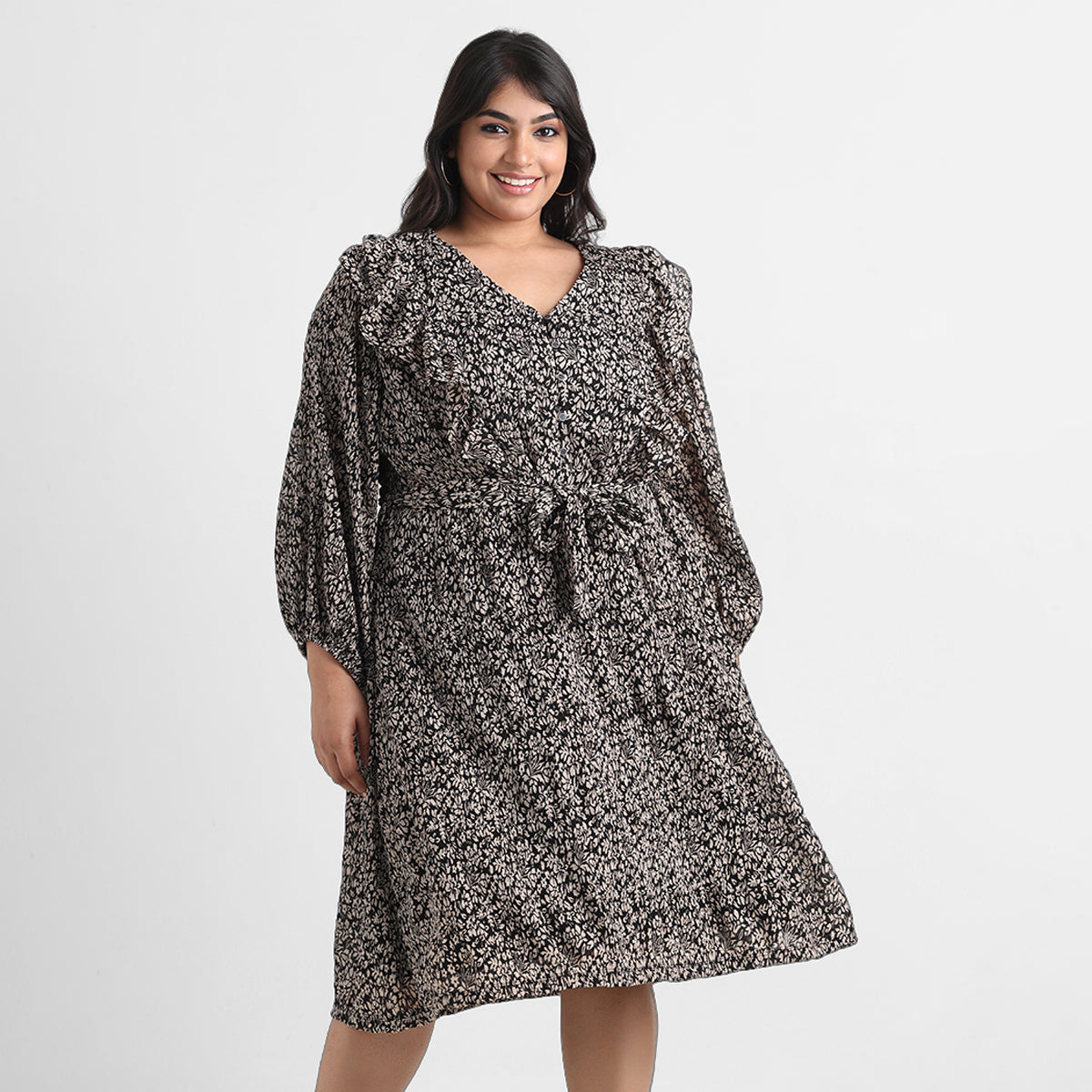 Black printed plus size ruffled short dress