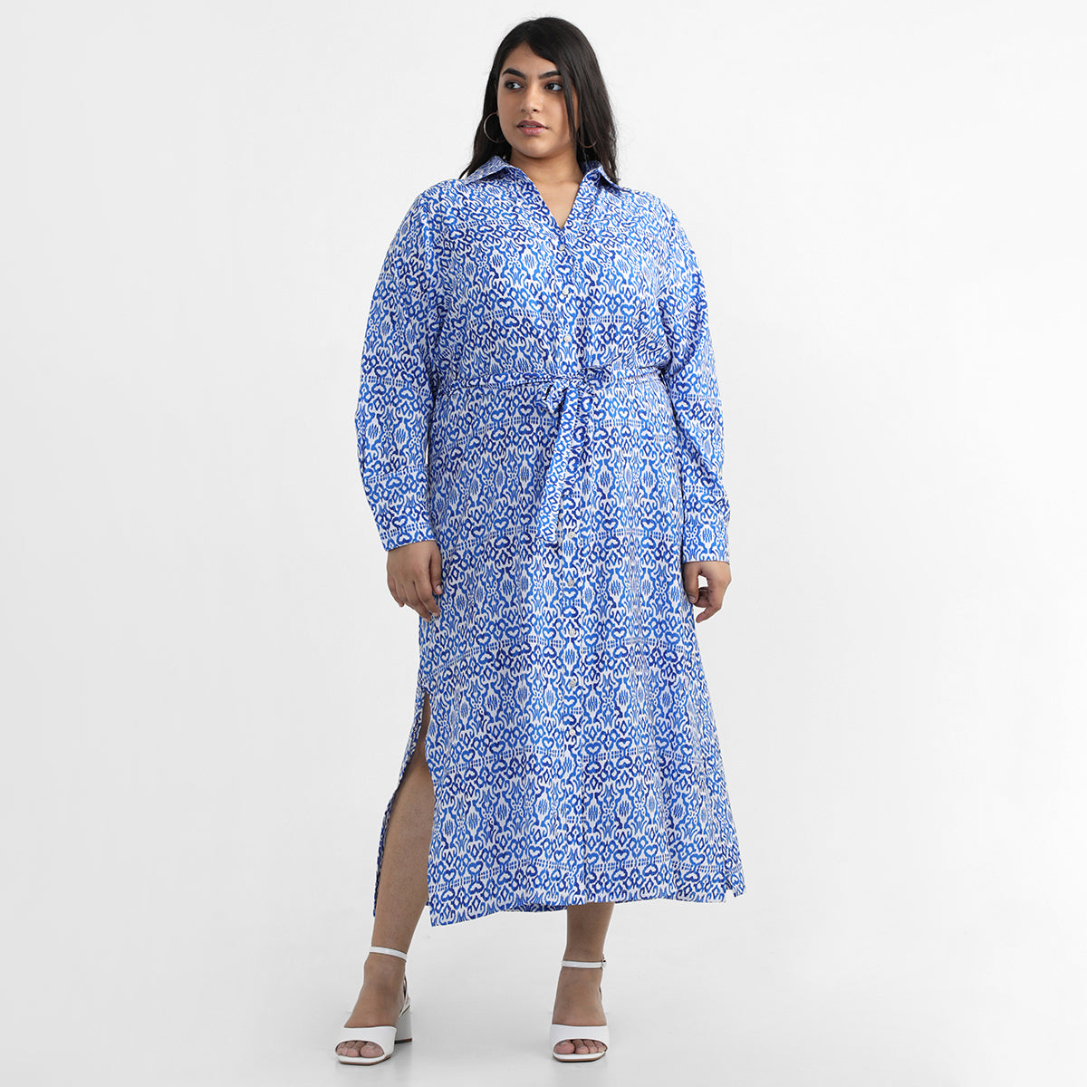 Blue Porcelain Tie Dress For Plus Size Women